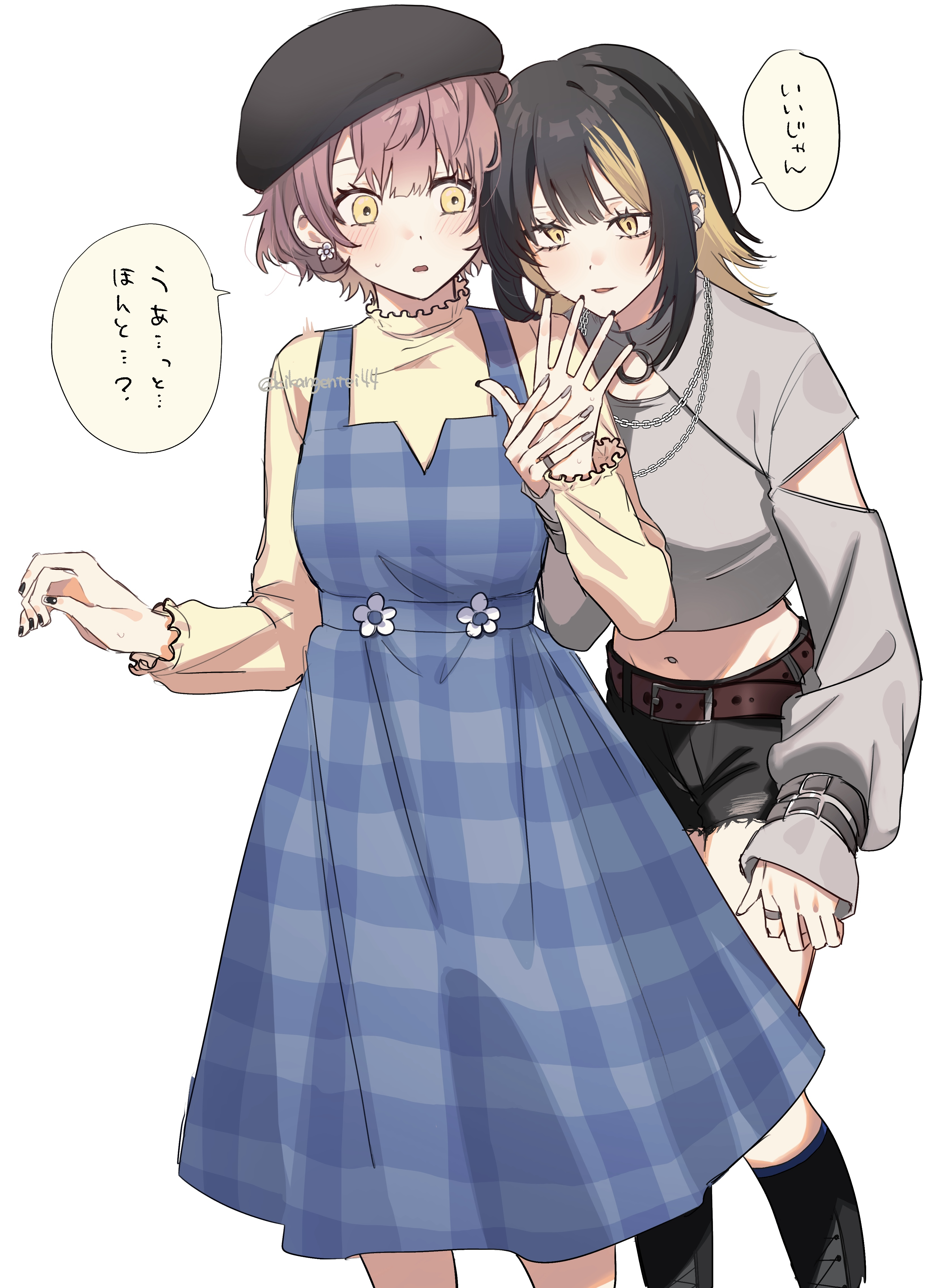 kikanngenntei, ikaruga luca, ikuta haruki, idolmaster, idolmaster shiny colors, absurdres, commentary request, highres, translation request, 2girls, arm cutout, beret, black boots, black hair, black hat, black nails, black shorts, blonde hair, blue dress, blush, boots, brown hair, chain, chain necklace, clothing cutout, cropped shirt, dress, fingernails, full body, hat, jewelry, knee boots, looking at hand, medium hair, midriff, multicolored hair, multiple girls, nail polish, navel, necklace, pinafore dress, ring, shirt, short hair, short shorts, shorts, simple background, sleeveless, sleeveless dress, speech bubble, streaked hair, sweatdrop, twitter username, two-tone hair, white background, yellow shirt, yuri