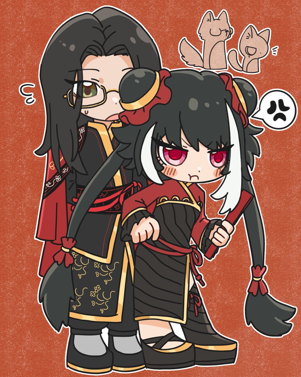 jia xichun (project moon), limbus company, project moon, highres, 1girl, anger vein, black dress, black hair, black shoes, cat, chibi, chinese clothes, coat, coat on shoulders, double bun, dress, full body, glasses, gold trim, grey eyes, hair bun, hand fan, long hair, looking at viewer, multicolored hair, pink eyes, pout, red background, red coat, red shrug, rope belt, shoes, shrug (clothing), simple background, spoken anger vein, standing, streaked hair, suncz265487, twintails, wei (project moon), white streaks