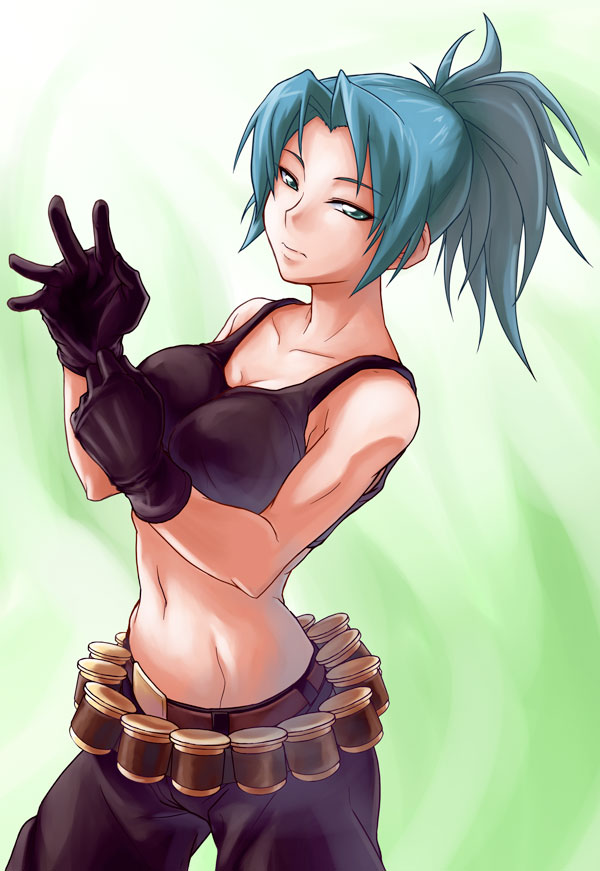 myp2, leona heidern, snk, the king of fighters, 1girl, blue eyes, blue hair, female focus, gloves, matching hair/eyes, midriff, no bra, ponytail, sleeveless, solo, tank top