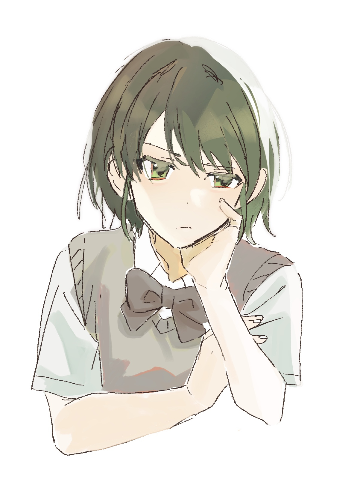 kikanngenntei, nanakusa nichika, idolmaster, idolmaster shiny colors, commentary request, highres, 1girl, bow, bowtie, cropped torso, green eyes, green hair, grey bow, grey bowtie, grey sweater vest, hand on own cheek, hand on own face, school uniform, shirt, short hair, short sleeves, simple background, solo, summer uniform, sweater vest, upper body, white background, white shirt
