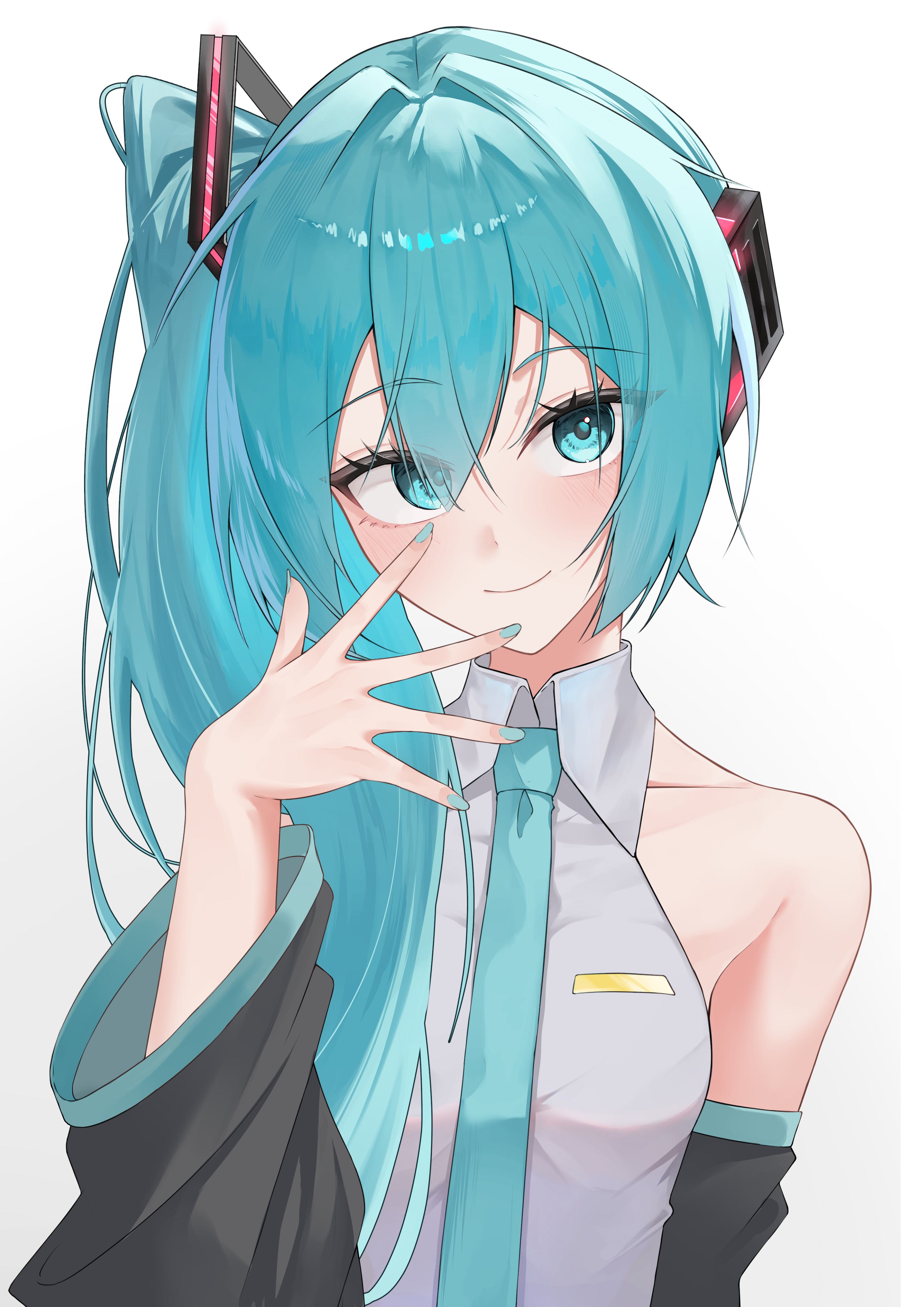 hatsune miku, vocaloid, absurdres, commentary request, highres, 1girl, alternate hairstyle, aqua eyes, aqua hair, aqua nails, aqua necktie, aqua trim, bare shoulders, black sleeves, blush, breast pocket, breasts, closed mouth, collarbone, collared shirt, detached sleeves, grey shirt, hair between eyes, hair ornament, hand up, high side ponytail, long hair, long sleeves, looking at viewer, meme, nail polish, necktie, pita 39, pocket, shirt, side ponytail, sidelocks, sidetail miku noodle stopper (meme), simple background, sleeveless, sleeveless shirt, small breasts, smile, solo, upper body, white background, wide sleeves