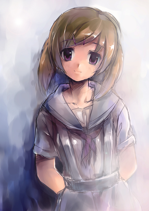 bla (artist), original, tagme, brown hair, purple eyes, school uniform, serafuku, solo