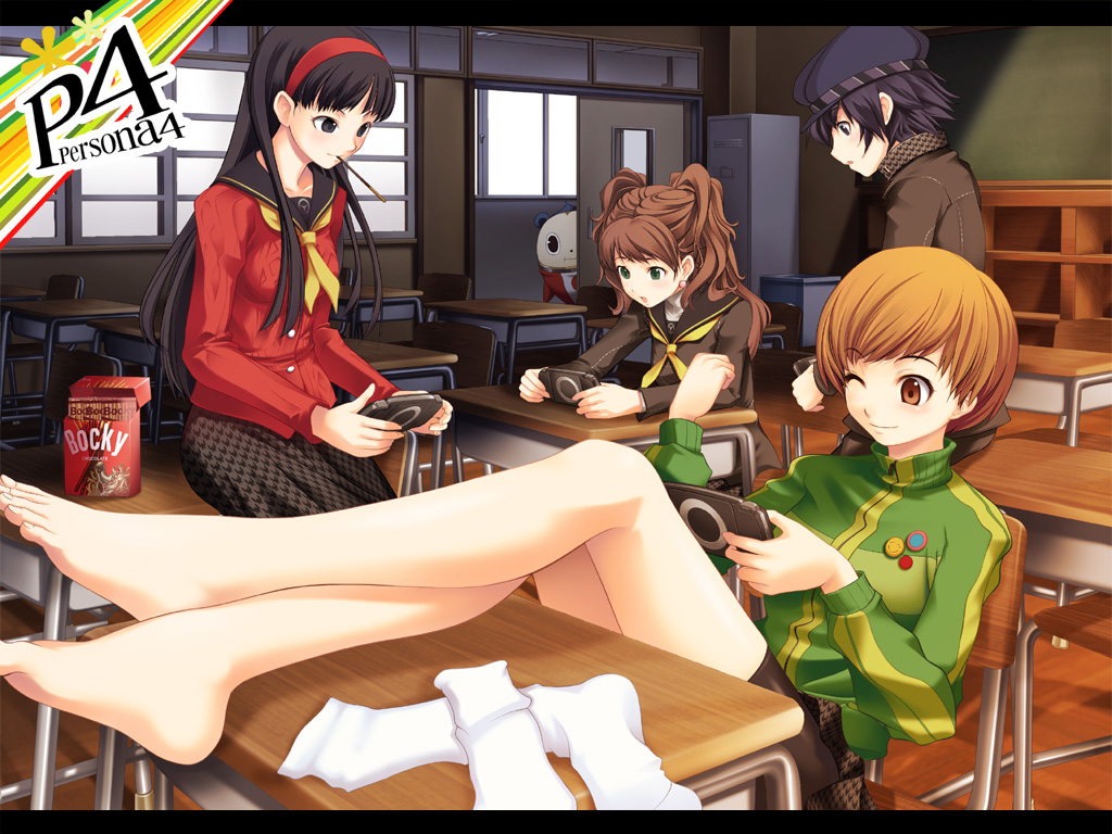 oogami yuuki, amagi yukiko, kujikawa rise, kuma (persona 4), mara (megami tensei), satonaka chie, shirogane naoto, atlus, persona, persona 4, sega, sony, 4girls, barefoot, bike shorts, brand name imitation, classroom, desk, feet, food, handheld game console, indoors, long legs, misplaced genitals, multiple girls, one eye closed, peeking out, penis head, plantar flexion, playing games, playstation portable, pocky, product placement, pun, school, school desk, short hair, slice of life, socks, soles, toes, tomboy, video game, wink