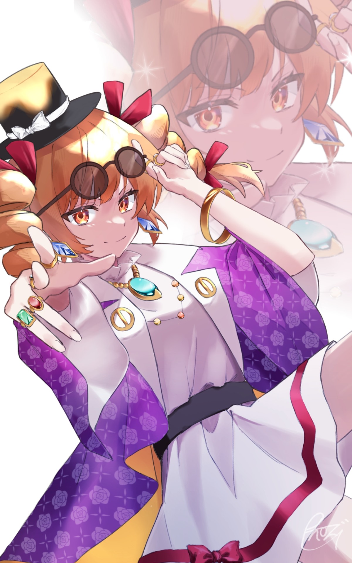 bluerhozu, yorigami jo'on, touhou, highres, 1girl, black hat, drill hair, eyewear on head, hat, jacket, jewelry, looking at viewer, necklace, open clothes, orange eyes, orange hair, pointing, purple jacket, smile, solo, top hat, wide sleeves
