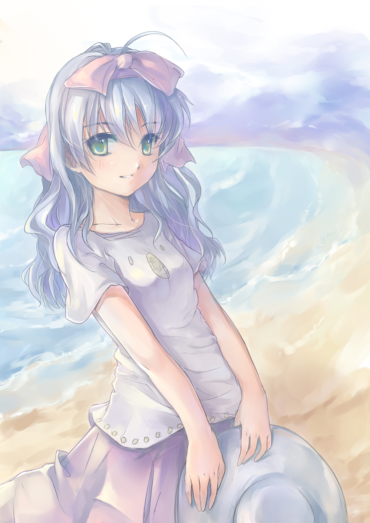 bla (artist), original, beach, blue hair, bow, green eyes, hair ribbon, hat, koala, ocean, ribbon, skirt, smile, solo, water
