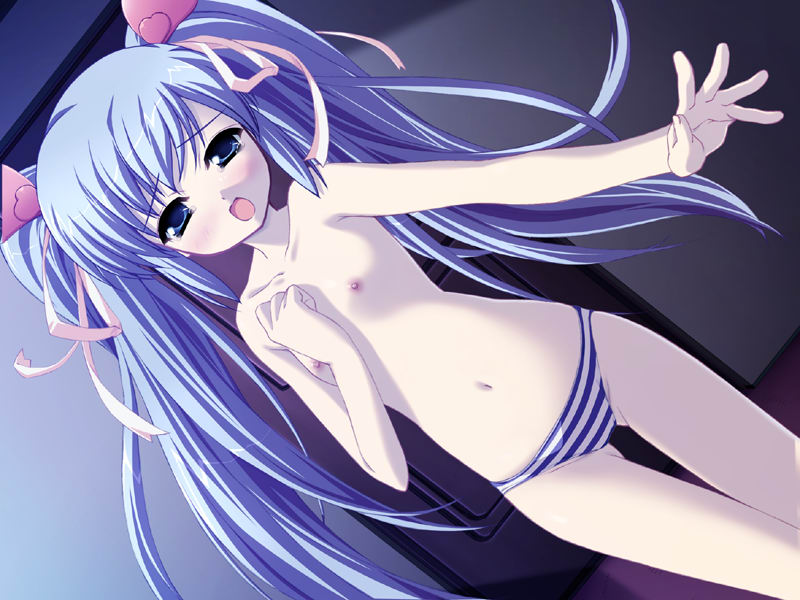 hagiwara onsen, chikami futaba, festa!! hyper girls pop, game cg, 1girl, blue eyes, blue hair, blue panties, blush, collarbone, flat chest, hair ornament, hair ribbon, hand on own chest, heart, heart hair ornament, loli, long hair, looking at viewer, navel, nipples, open mouth, panties, pink ribbon, ribbon, standing, striped clothes, striped panties, tears, topless female, twintails, underwear
