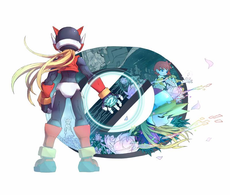 alouette (mega man), ciel (mega man), craft (mega man), cyber elf x (mega man), dr. weil (mega man), neige (mega man), x (mega man), mega man (series), mega man zero (series), mega man zero 4, 3boys, android, armor, blonde hair, blue eyes, clenched hand, evil grin, evil smile, facial mark, fang, flower, from behind, from side, full body, grin, halo, helmet, high ponytail, hime cut, holding, holding stuffed toy, may (nicoseiga 32709921), multiple boys, old, old man, petals, pink armor, pink helmet, ponytail, red armor, red hair, red helmet, robot, robot ears, robot girl, short hair, single letter, smile, stuffed toy