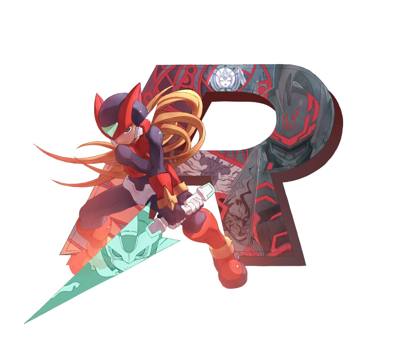 dr. weil (mega man), hidden phantom (mega man), omega (mega man), mega man (series), mega man zero (series), mega man zero 3, 1girl, 4boys, closed eyes, cyber elf (mega man), energy sword, evil grin, evil smile, fighting stance, grin, holding, holding sword, holding weapon, looking at viewer, may (nicoseiga 32709921), multiple boys, official style, old, old man, open mouth, sharp teeth, simple background, single letter, smile, standing, sword, teeth, weapon, white background, z saber