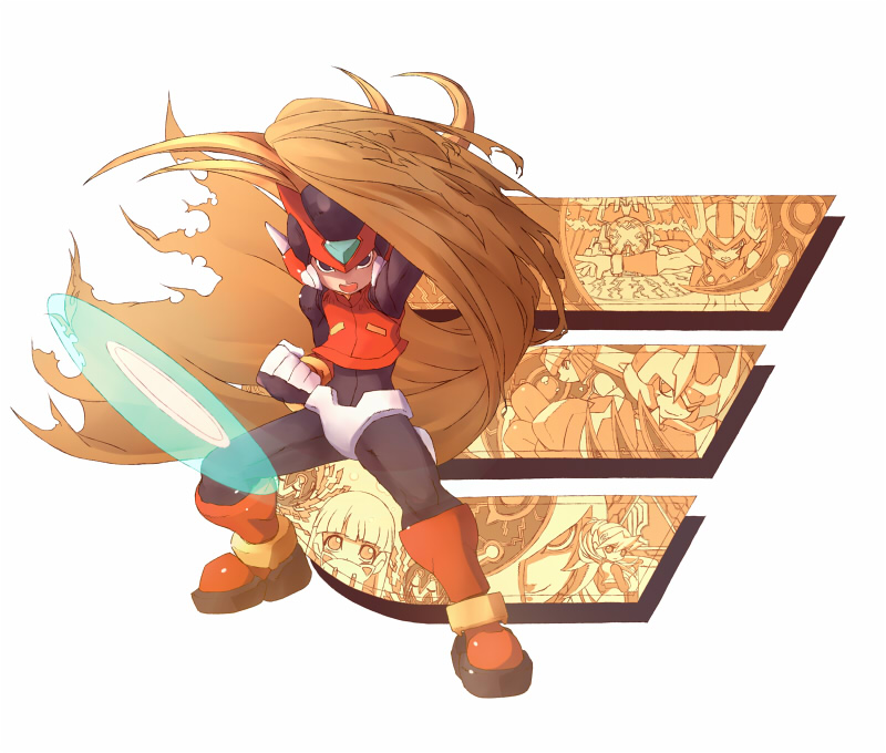 alouette (mega man), ciel (mega man), dark elf (mega man), elpizo (mega man), fairy leviathan (mega man), fighting fefnir (mega man), sage harpuia (mega man), zero(z) (mega man), zero (mega man), mega man (series), mega man zero (series), mega man zero 2, armor, black eyes, blonde hair, breastplate, brown cape, cape, cat, clenched hand, energy barrier, energy shield, evil smile, forehead jewel, from side, full body, helmet, high ponytail, hime cut, jewelry, looking at viewer, may (nicoseiga 32709921), official style, one eye covered, open mouth, ponytail, red armor, red helmet, shield, simple background, single letter, smile, stuffed animal, stuffed toy, white background, winged helmet