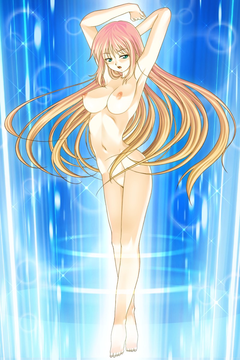 ayakaze ryuushou, nanahoshi kasuga, kougeki shoujo falselion, highres, 1girl, armpits, arms up, barefoot, blonde hair, blue background, blue eyes, breasts, female focus, large breasts, long hair, looking at viewer, navel, nipples, nude, open mouth, solo, sparkle, standing, tiptoes