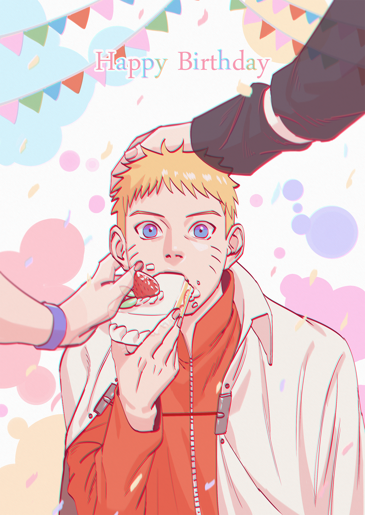 namikaze minato, uzumaki kushina, uzumaki naruto, boruto: naruto next generations, naruto (series), character request, commentary, commentary request, highres, korean commentary, blonde hair, blue eyes, cake, cape, collared cape, facial mark, food, food on face, happy birthday, headpat, holding, holding food, negeotibeu dungji, out of frame, whisker markings, white cape