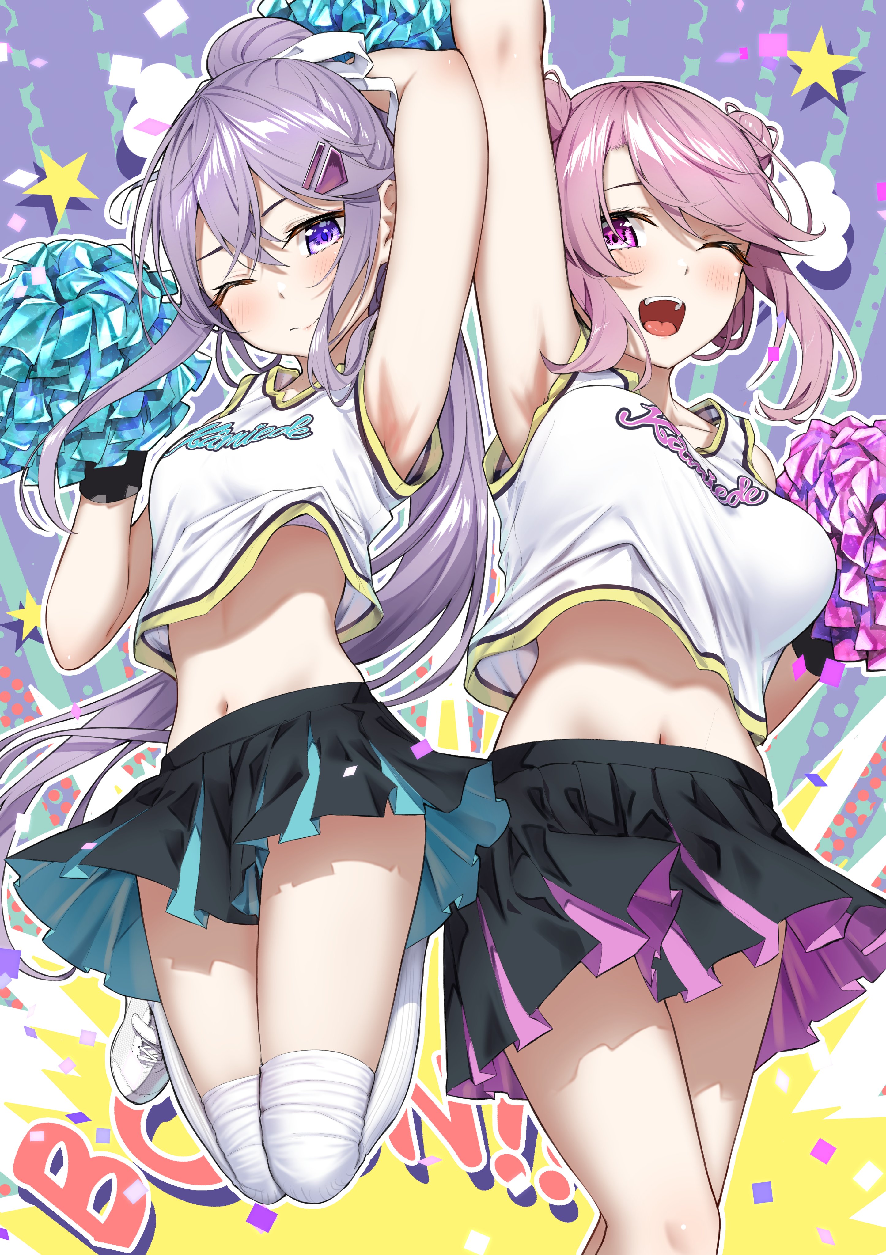 sahara386, kamagaya momoka, shiroi shizuku, kamikakushi no eden, absurdres, commentary request, highres, 2girls, ;d, arm up, armpits, black skirt, bra, bra peek, breasts, cheerleader, closed mouth, crop top, hair ribbon, holding, holding pom poms, jumping, large breasts, long hair, midriff, multiple girls, navel, one eye closed, open mouth, pink eyes, pink hair, pom pom (cheerleading), pom poms, purple eyes, purple hair, ribbon, shirt, short hair, skirt, sleeveless, sleeveless shirt, small breasts, smile, star (symbol), teeth, thighhighs, underwear, upper teeth only, white ribbon, white shirt, white thighhighs