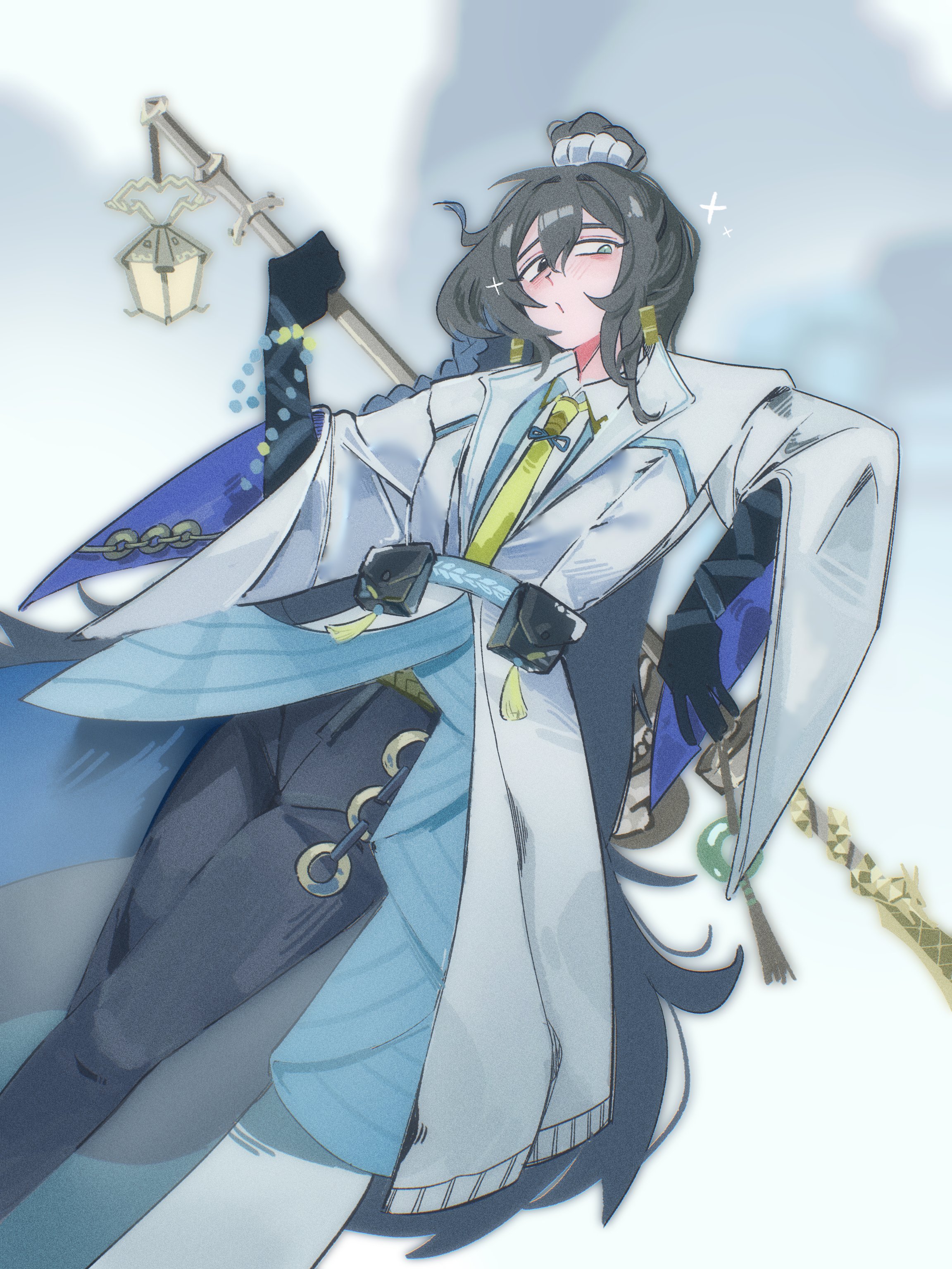 fillter, hong lu (project moon), arknights, limbus company, project moon, absurdres, highres, 1boy, black eyes, black gloves, black hair, black pants, blue eyes, blue sash, braid, coat, collared shirt, gloves, grey background, hair bun, heterochromia, holding, holding weapon, long hair, looking at viewer, male focus, necktie, pants, sash, shirt, simple background, solo, standing, to remain oneself (e.g.o), upper body, weapon, white coat, white shirt, yellow necktie