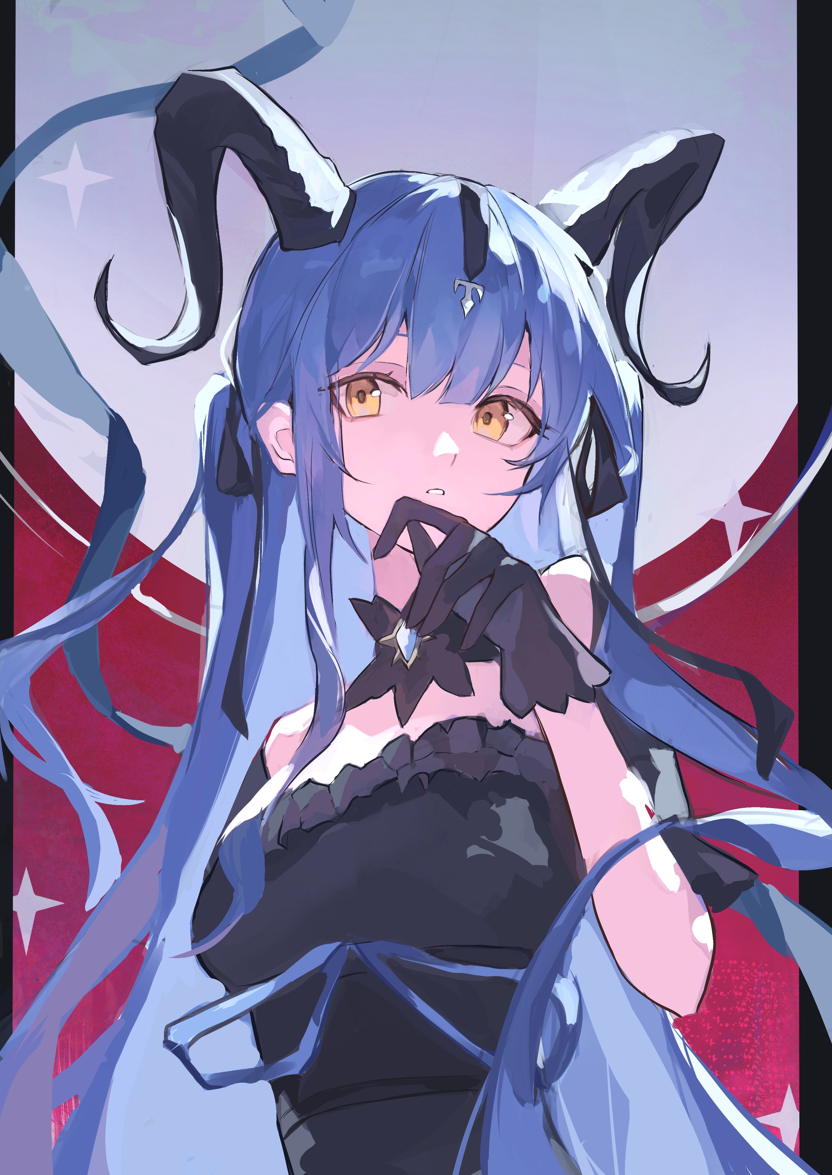 linkai, togawa sakiko, togawa sakiko (master of melodia), arknights, bang dream!, bang dream! it's mygo!!!!!, absurdres, hashtag-only commentary, highres, 1girl, asymmetrical sidelocks, bare shoulders, black dress, black gloves, black horns, black ribbon, blue hair, blue ribbon, breasts, curled horns, demon horns, detached collar, dress, dress ribbon, frilled dress, frills, gloves, hair between eyes, hair ribbon, hand up, horns, long hair, looking at viewer, medium breasts, parted lips, ribbon, sidelocks, solo, strapless, strapless dress, two side up, upper body, very long hair, yellow eyes