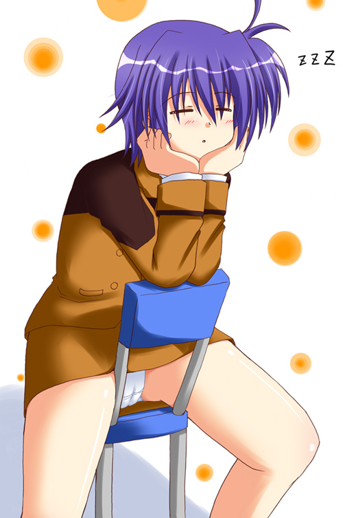 lask, subaru nakajima, lyrical nanoha, mahou shoujo lyrical nanoha, mahou shoujo lyrical nanoha strikers, 00s, 1girl, blue hair, cameltoe, chair, female focus, head rest, panties, pantyshot, short hair, sitting, sitting backwards, sleeping, solo, underwear, upskirt, white panties