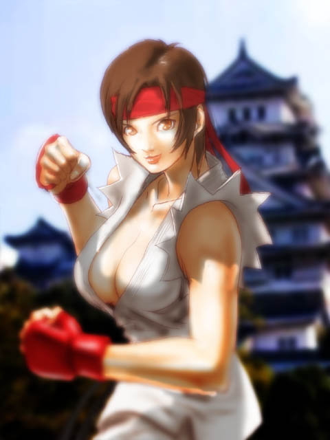 ryu (street fighter), capcom, capcom fighting jam, street fighter, 1girl, breasts, brown eyes, brown hair, cleavage, dougi, female focus, genderswap, genderswap (mtf), gloves, headband, large breasts, midnight bliss, short hair, sleeveless, solo