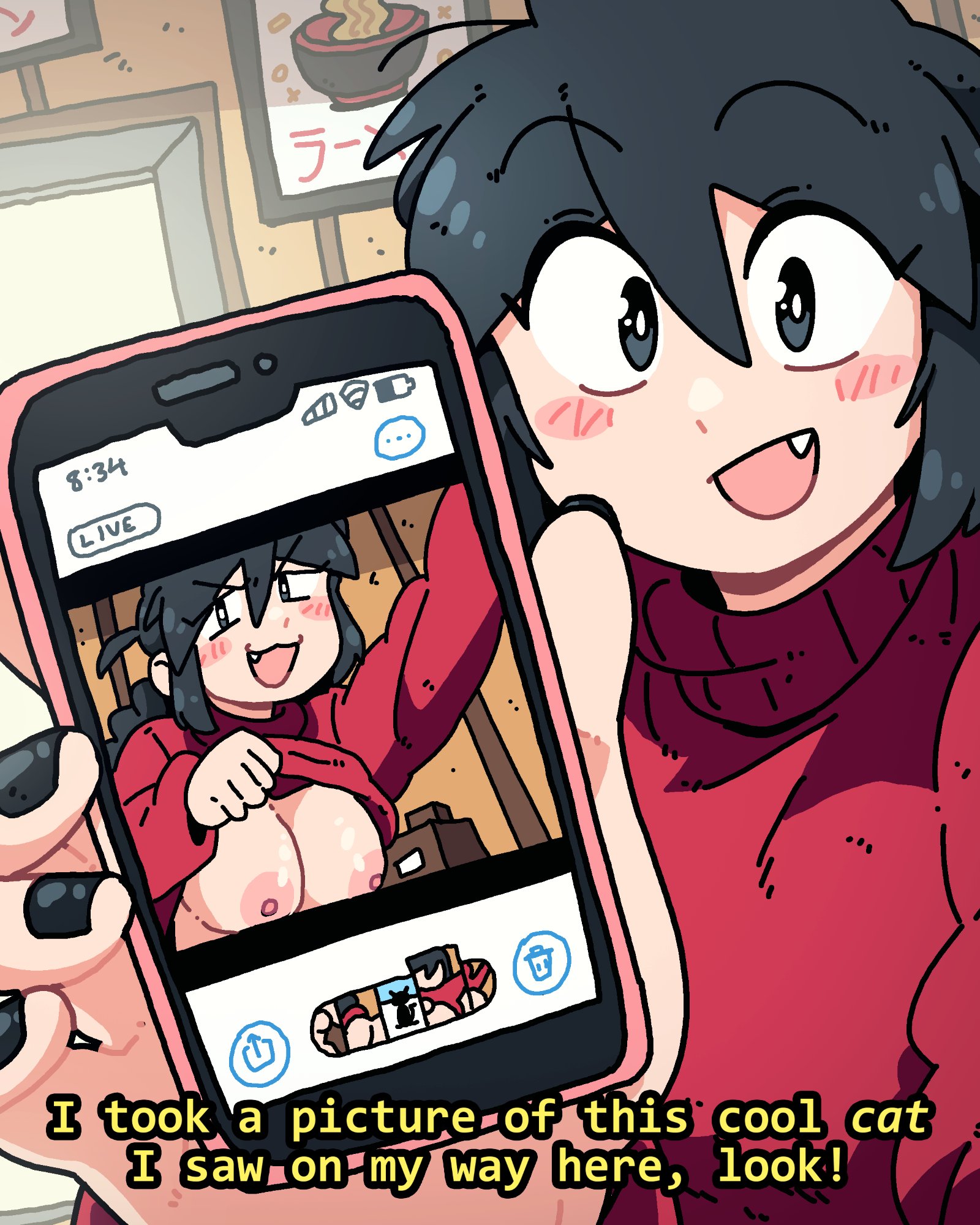scott malin, lucia (scott malin), original, commentary, english commentary, highres, 1girl, :d, black eyes, black hair, black nails, blush stickers, breasts, breasts out, cellphone, close-up, english text, fang, fang out, food, hair between eyes, holding, holding phone, indoors, looking at viewer, medium breasts, multiple views, nail polish, noodles, open mouth, phone, ramen, red sweater, selfie, smartphone, smile, sweater, timestamp