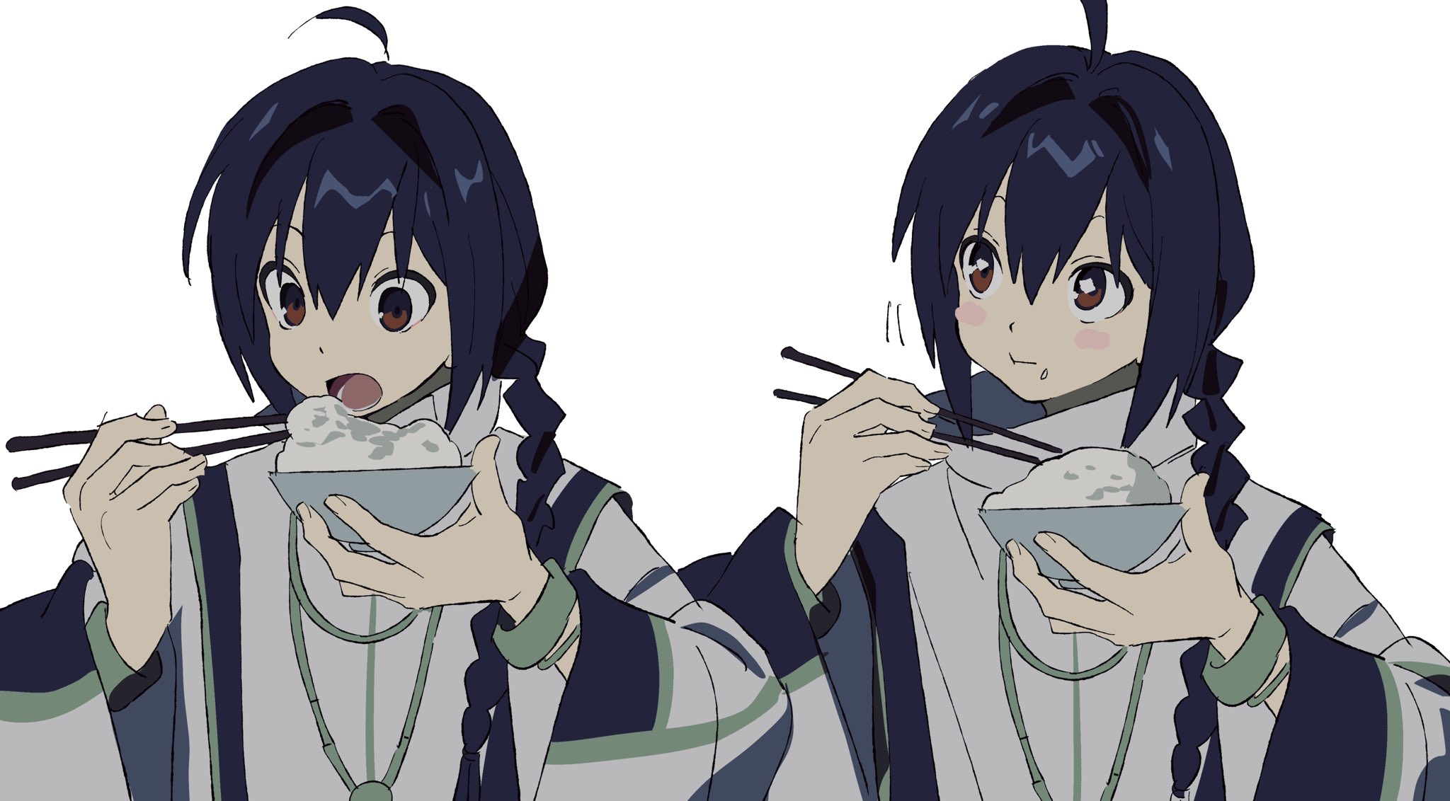 betti (xx betti), yamato takeru (fate), fate/samurai remnant, fate (series), highres, 1other, ahoge, androgynous, black hair, bowl, bracelet, brown eyes, chopsticks, eating, food, food on face, hair intakes, hair over shoulder, holding, holding bowl, holding chopsticks, jewelry, long braid, necklace, rice, rice bowl, rice on face, sidelocks, white background