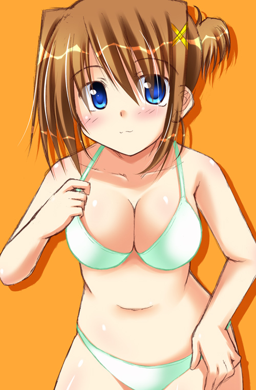 yagami hayate, lyrical nanoha, mahou shoujo lyrical nanoha, mahou shoujo lyrical nanoha strikers, 00s, 1girl, blue eyes, blush, bra, breasts, brown hair, cleavage, female focus, hair ornament, large breasts, lingerie, panties, short hair, solo, underwear, underwear only, x hair ornament