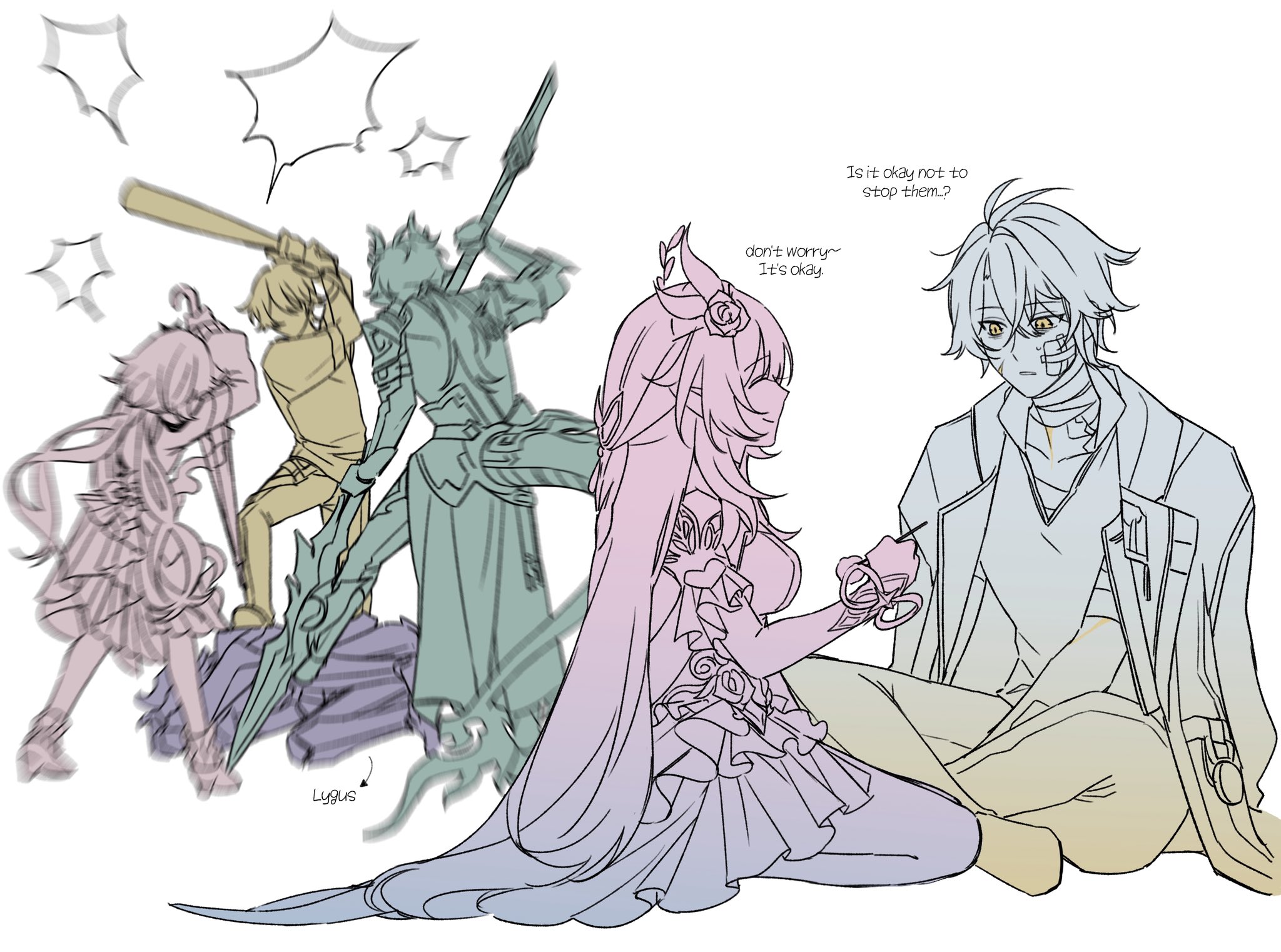 caelus (honkai: star rail), cyrene (honkai: star rail), cyrene (ripples of past reverie) (honkai: star rail), dan heng (honkai: star rail), dan heng (permansor terrae) (honkai: star rail), evernight (honkai: star rail), lygus (honkai: star rail), march 7th (honkai: star rail), phainon (honkai: star rail), phainon (khaslana) (honkai: star rail), trailblazer (honkai: star rail), honkai: star rail, honkai (series), commentary request, highres, korean commentary, 2girls, 4boys, baseball bat, coat, dragon boy, dragon tail, dress, eastern dragon horns, english text, fighting, h0913726, holding, holding baseball bat, holding polearm, holding umbrella, holding weapon, indian style, long hair, multiple boys, multiple girls, multiple monochrome, pants, polearm, short hair, simple background, sitting, tail, umbrella, very long hair, weapon, white background, yellow eyes