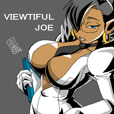 sprocket (viewtiful joe), capcom, viewtiful joe, lowres, 00s, 1girl, between breasts, black hair, blue eyes, breasts, business suit, cleavage, dark-skinned female, dark skin, earrings, female focus, formal clothes, glasses, gloves, hair over one eye, jewelry, large breasts, lips, necktie, oekaki, pointy ears, short hair, solo, suit