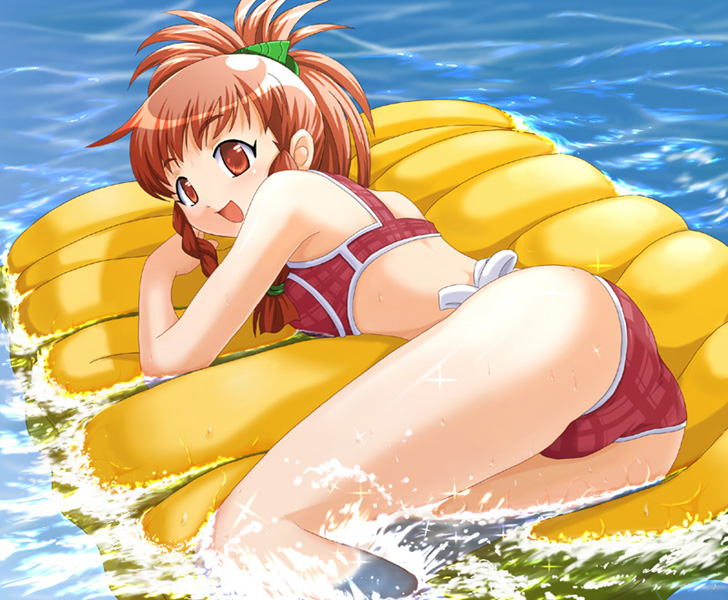 kinriki mantou, aibara natsumi, hello world, hello world., jpeg artifacts, 1girl, bikini, braid, brown eyes, brown hair, female focus, inflatable raft, ponytail, red bikini, short hair, side braid, solo, swimsuit, twin braids