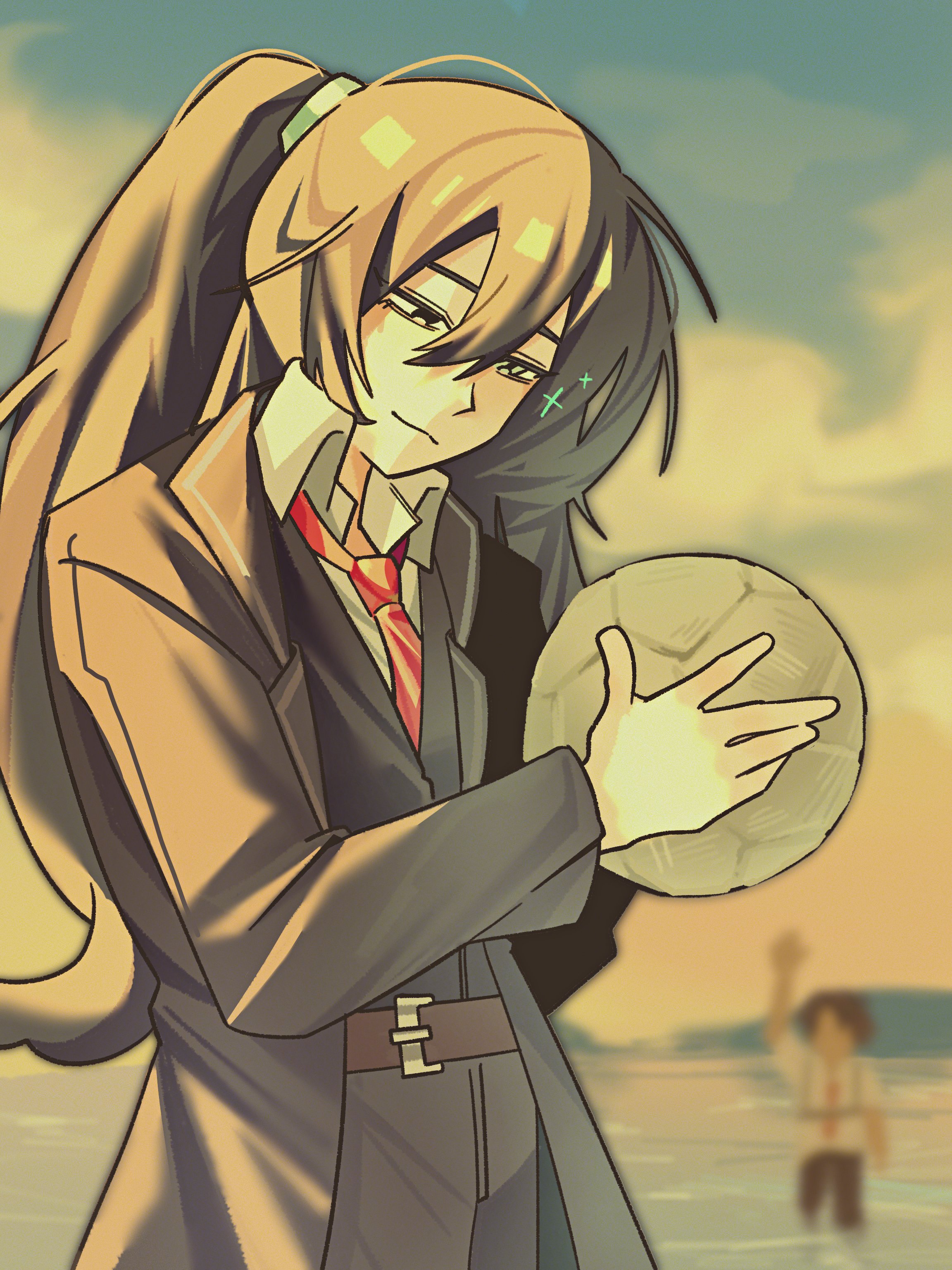 fillter, heathcliff (project moon), hong lu (project moon), limbus company, project moon, absurdres, highres, 2boys, black eyes, black hair, black pants, black vest, blue eyes, blue sky, blurry, blurry background, brown hair, collared shirt, heterochromia, high ponytail, long hair, long sleeves, looking at object, male focus, multiple boys, necktie, outdoors, pants, ponytail, red necktie, shirt, simple background, sky, solo focus, standing, upper body, vest, volleyball, white shirt