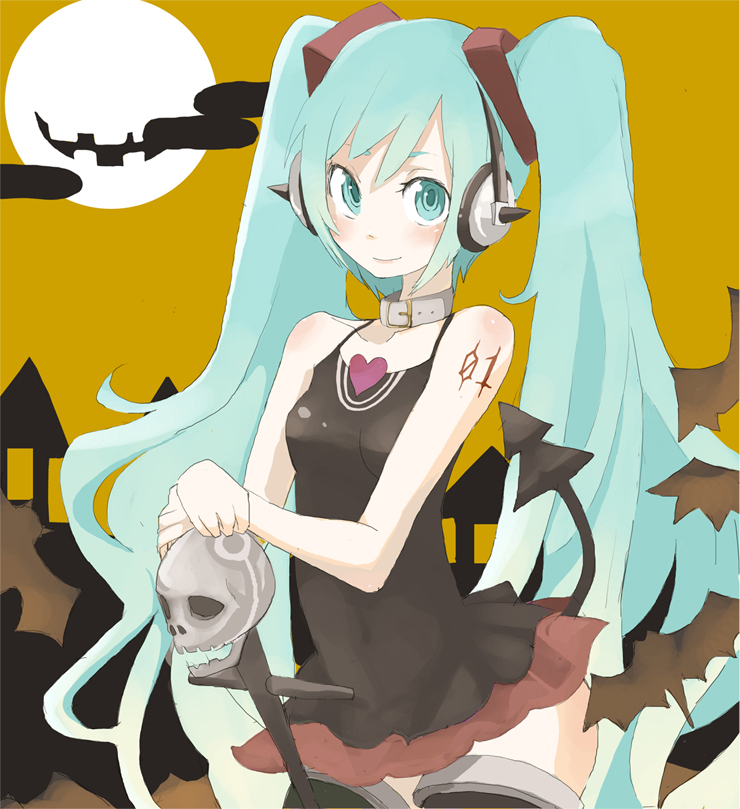 tansuke, hatsune miku, vocaloid, 1girl, aqua hair, collar, female focus, halloween, headphones, long hair, skull, solo, thighhighs, twintails