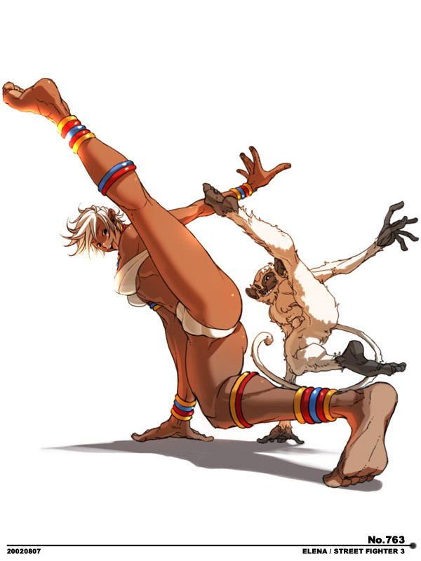 falcoon, elena (street fighter), capcom, street fighter, street fighter iii (series), 1girl, anklet, ass, barefoot, bikini, blush, bra, bracelet, breasts, capoeira, dark-skinned female, dark skin, earrings, feet, high kick, jewelry, kicking, legs, lingerie, medium breasts, midriff, monkey, neck ring, ring, short hair, swimsuit, underwear, white hair