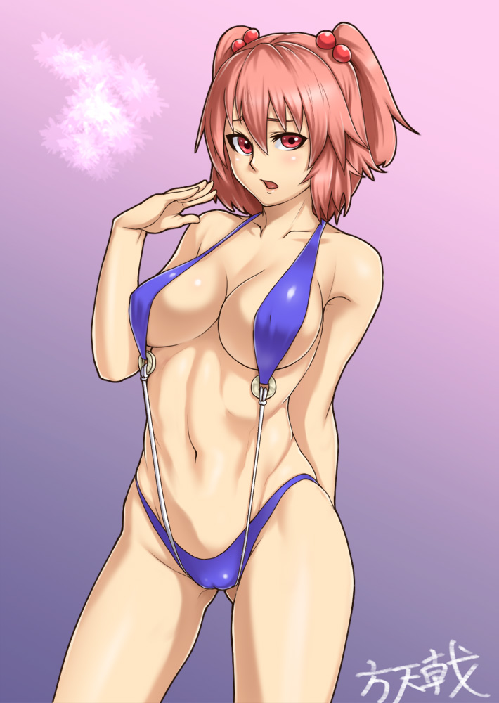 houtengeki, onozuka komachi, touhou, 1girl, bikini, breasts, cameltoe, coin, covered erect nipples, female focus, hair bobbles, hair ornament, hou takashi ji, large breasts, navel, open mouth, pink eyes, pink hair, red eyes, red hair, short hair, simple background, slingshot swimsuit, solo, string bikini, swimsuit, toned, toned female, twintails, two side up