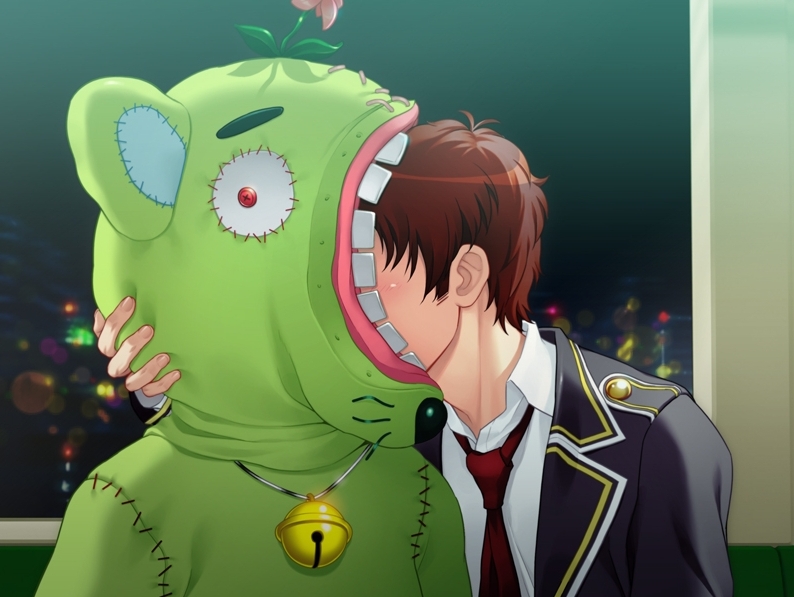 tsuji santa, kusakabe amaho, unkoman, nitroplus, sumaga, screencap, game cg, non-web source, 1boy, 1girl, bell, blush, brown hair, cityscape, costume, flower, hand on another's head, hetero, jingle bell, kiss, necktie, night, night sky, school uniform, serafuku, short hair, sky, teeth, what, window