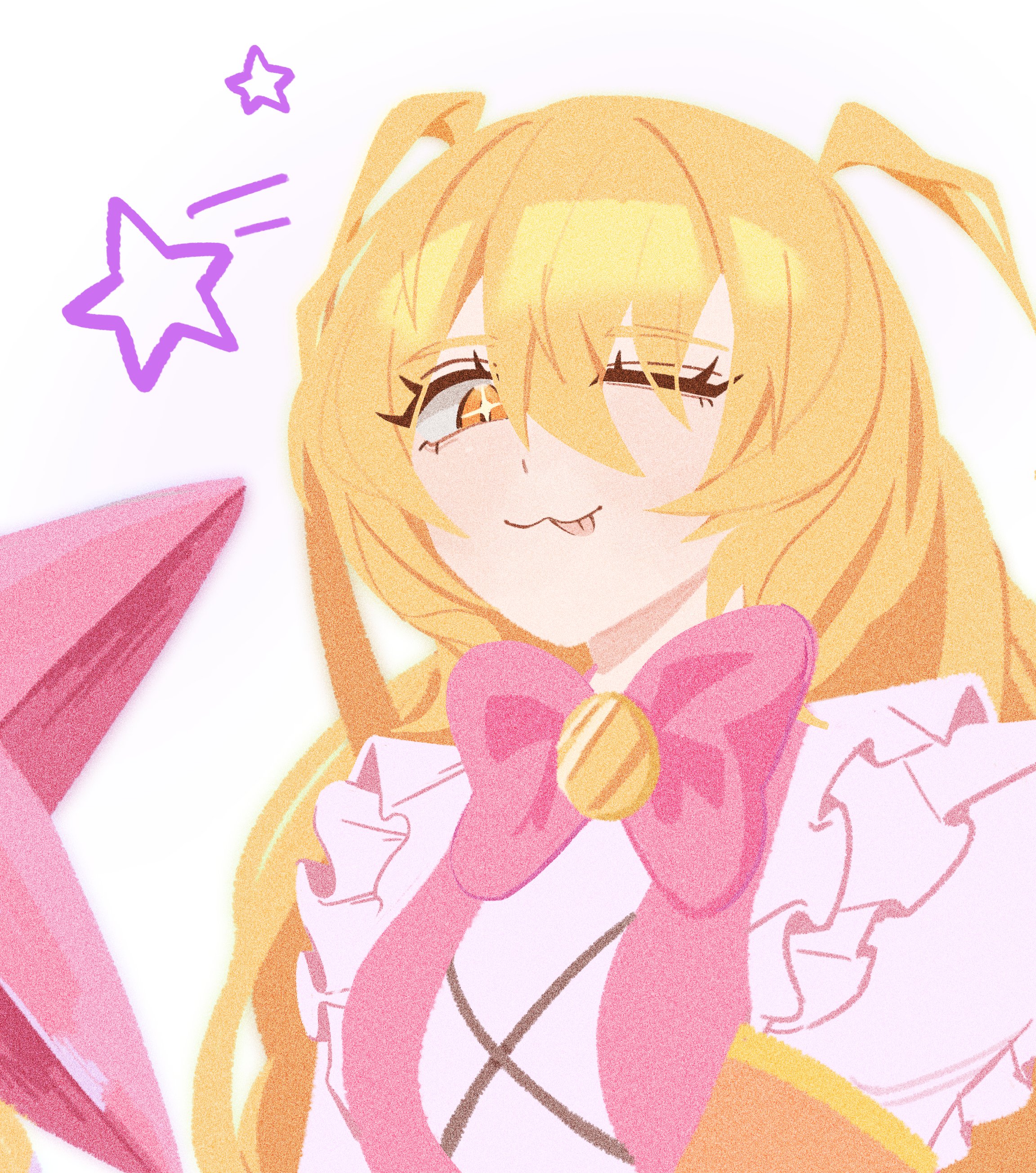 fillter, don quixote (project moon), limbus company, project moon, absurdres, highres, + +, 1girl, :3, armband, blonde hair, bow, bowtie, e.g.o (project moon), in the name of love and hate (e.g.o), long hair, long sleeves, looking at viewer, one eye closed, orange armband, pink bow, pink bowtie, pink vest, simple background, solo, tongue, tongue out, two side up, upper body, vest, white background, yellow eyes