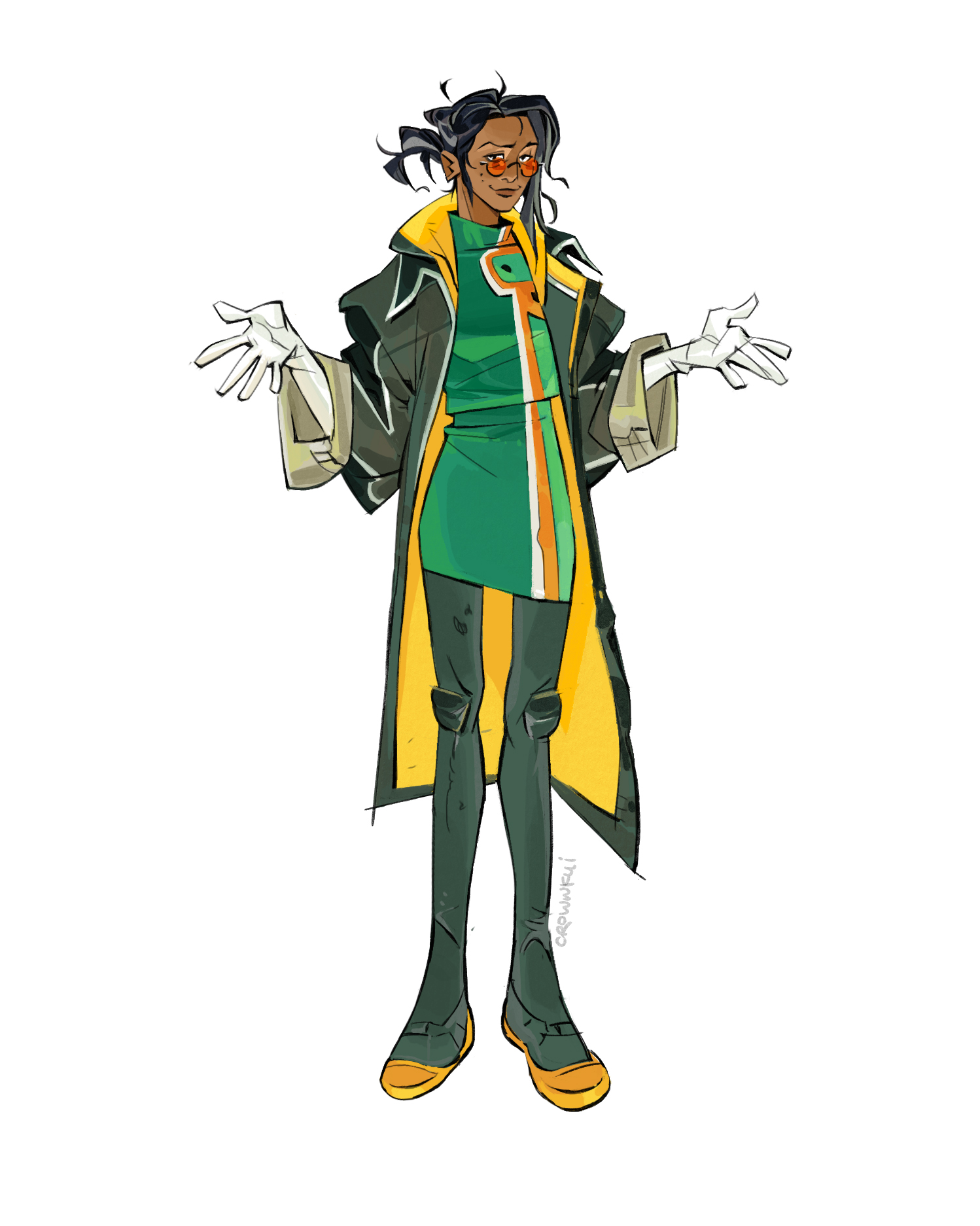 vickychendraws, andrea (knights of guinevere), knights of guinevere, commentary, english commentary, highres, 1girl, black hair, black pantyhose, closed mouth, dark-skinned female, dark skin, gloves, green shirt, green skirt, grey jacket, jacket, orange-tinted eyewear, pantyhose, pencil skirt, ponytail, round eyewear, shirt, shoes, signature, simple background, skirt, solo, tinted eyewear, w arms, white background, white gloves, yellow shoes