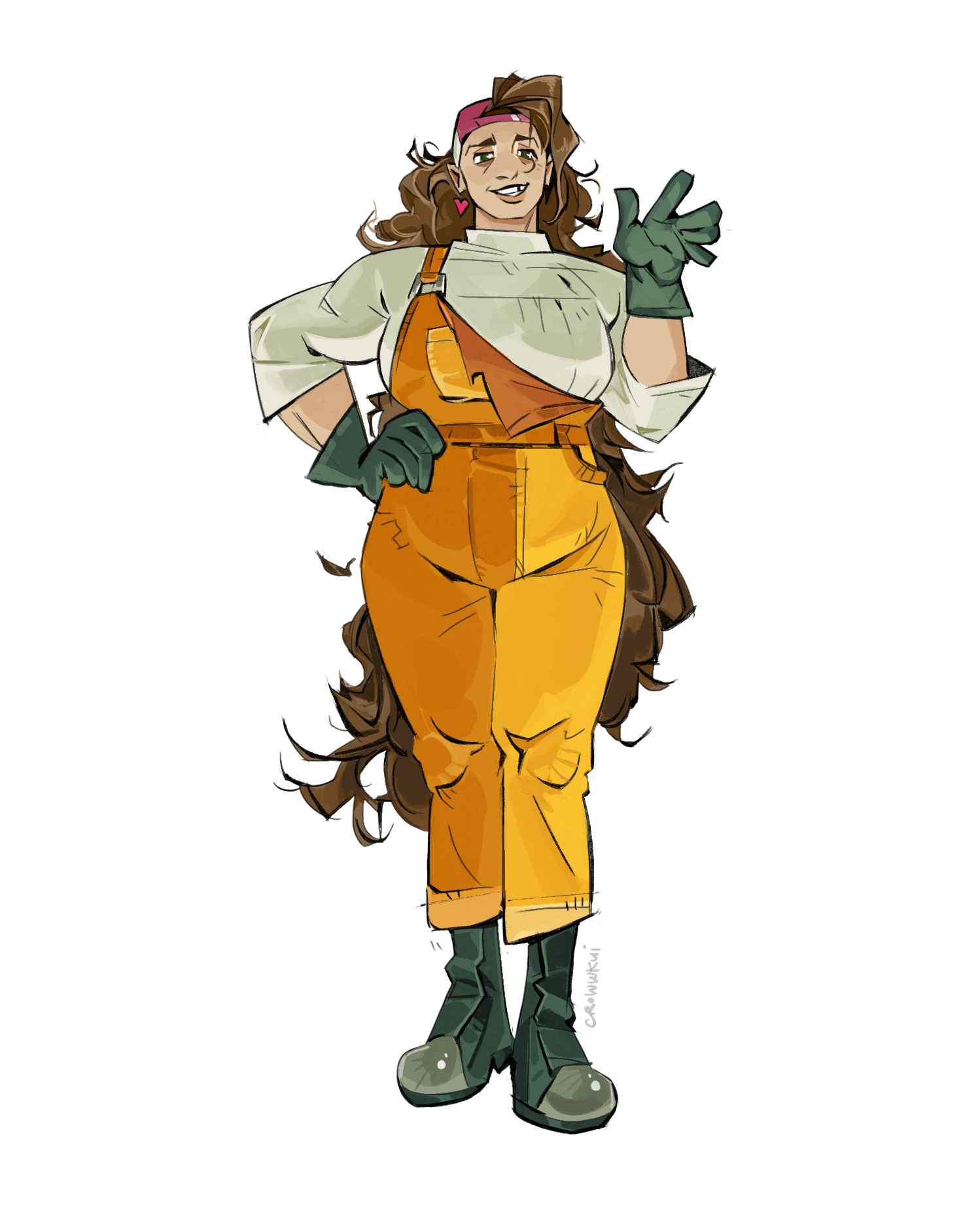 vickychendraws, francesca (knights of guinevere), knights of guinevere, commentary, english commentary, highres, 1girl, brown hair, earrings, gloves, green gloves, hand on own hip, heart, heart earrings, jewelry, long hair, missing tooth, overalls, pink hair, shirt, signature, simple background, single earring, smile, solo, very long hair, waving, white background, white shirt, yellow overalls