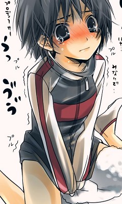 kikuchi makoto, idolmaster, idolmaster (classic), idolmaster 1, lowres, non-web source, 00s, black eyes, black hair, blush, covering crotch, covering privates, crotch, jacket, raglan sleeves, shirt tug, short hair, solo, sweater, tears, towel, trembling, you gonna get raped