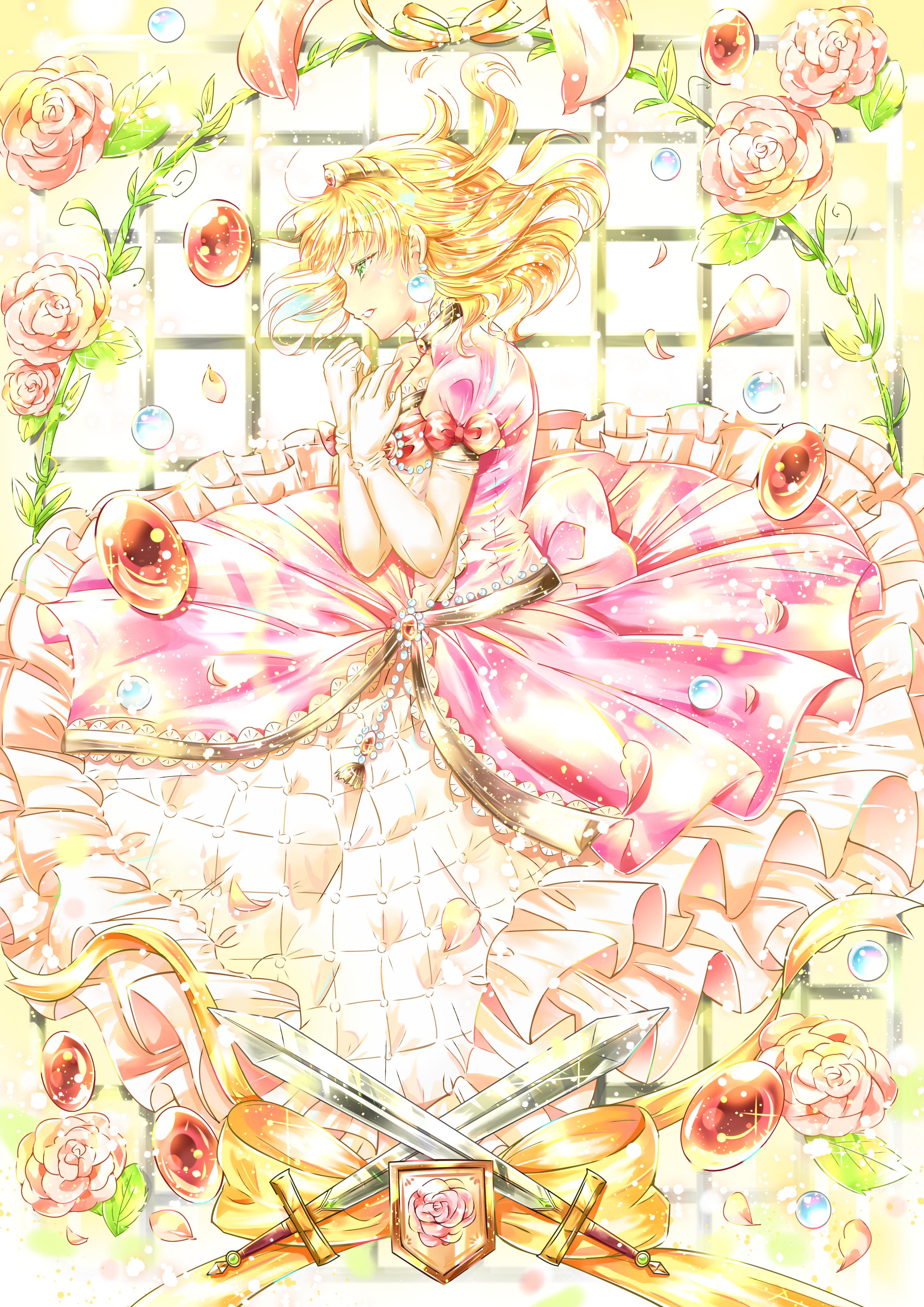suihua, original, absurdres, commission, highres, pixiv commission, 1girl, blonde hair, choker, coat of arms, crown, dress, earrings, elbow gloves, flower, gem, gloves, gold crown, green eyes, hair lift, jewelry, long dress, orange gemstone, orb, petals, princess, quilted clothes, ribbon, rose, sideways, sphere earrings, sword, tiara, weapon, white gloves