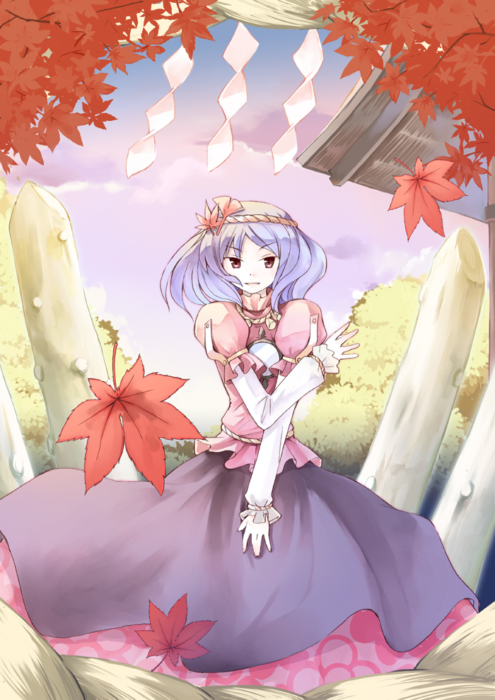 nonaka, nonaka yuu, yasaka kanako, touhou, bad id, 1girl, female focus, hair ornament, leaf, leaf hair ornament, purple hair, rope, short hair, solo