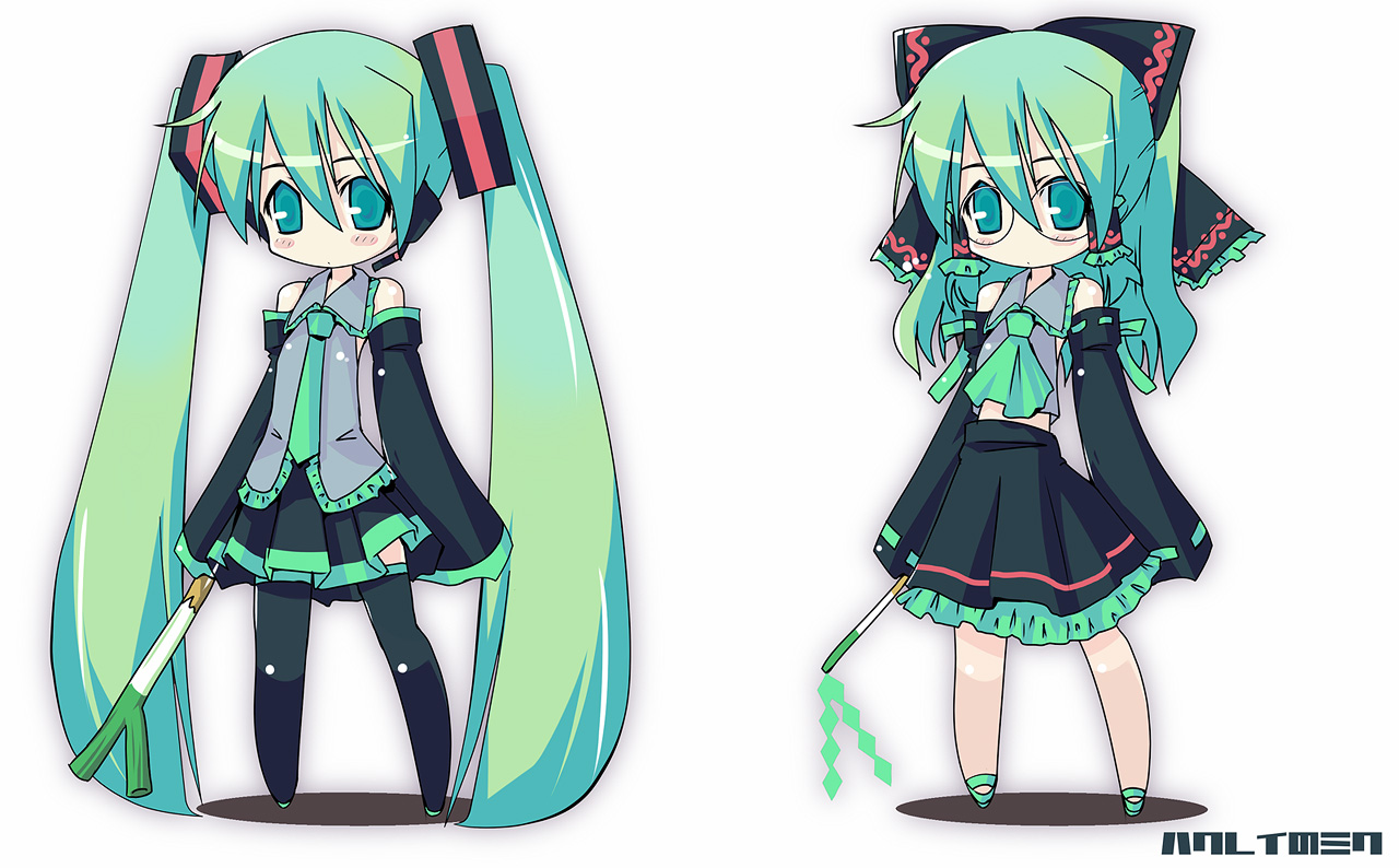 miichi (mimimi), mimimi, hakurei reimu, hatsune miku, touhou, vocaloid, 2girls, bespectacled, cosplay, dual persona, female focus, glasses, gohei, green hair, hakurei reimu (cosplay), long hair, multiple girls, ribbon, skirt, socks, spring onion, thighhighs, twintails, very long hair, wand