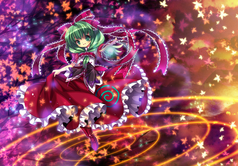 capura lin, kagiyama hina, touhou, 1girl, female focus, front ponytail, green hair, long hair, outstretched arm, outstretched hand, ribbon, solo