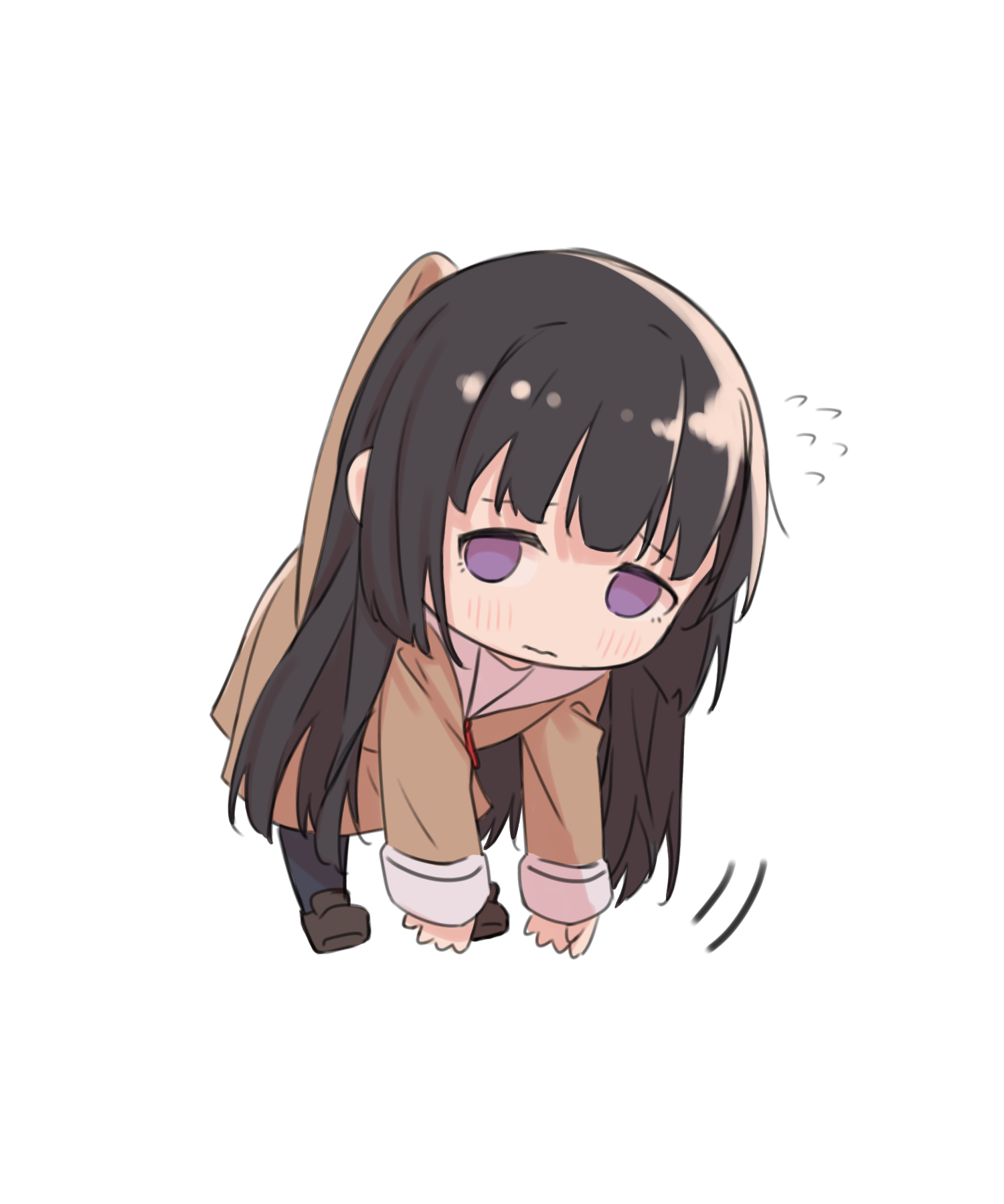 kanade (kanade 3344), shirokane rinko, bang dream!, commentary, highres, 1girl, black hair, black pantyhose, brown dress, chibi, closed mouth, dress, hanasakigawa school uniform, long hair, long sleeves, pantyhose, purple eyes, school uniform, simple background, solo, white background