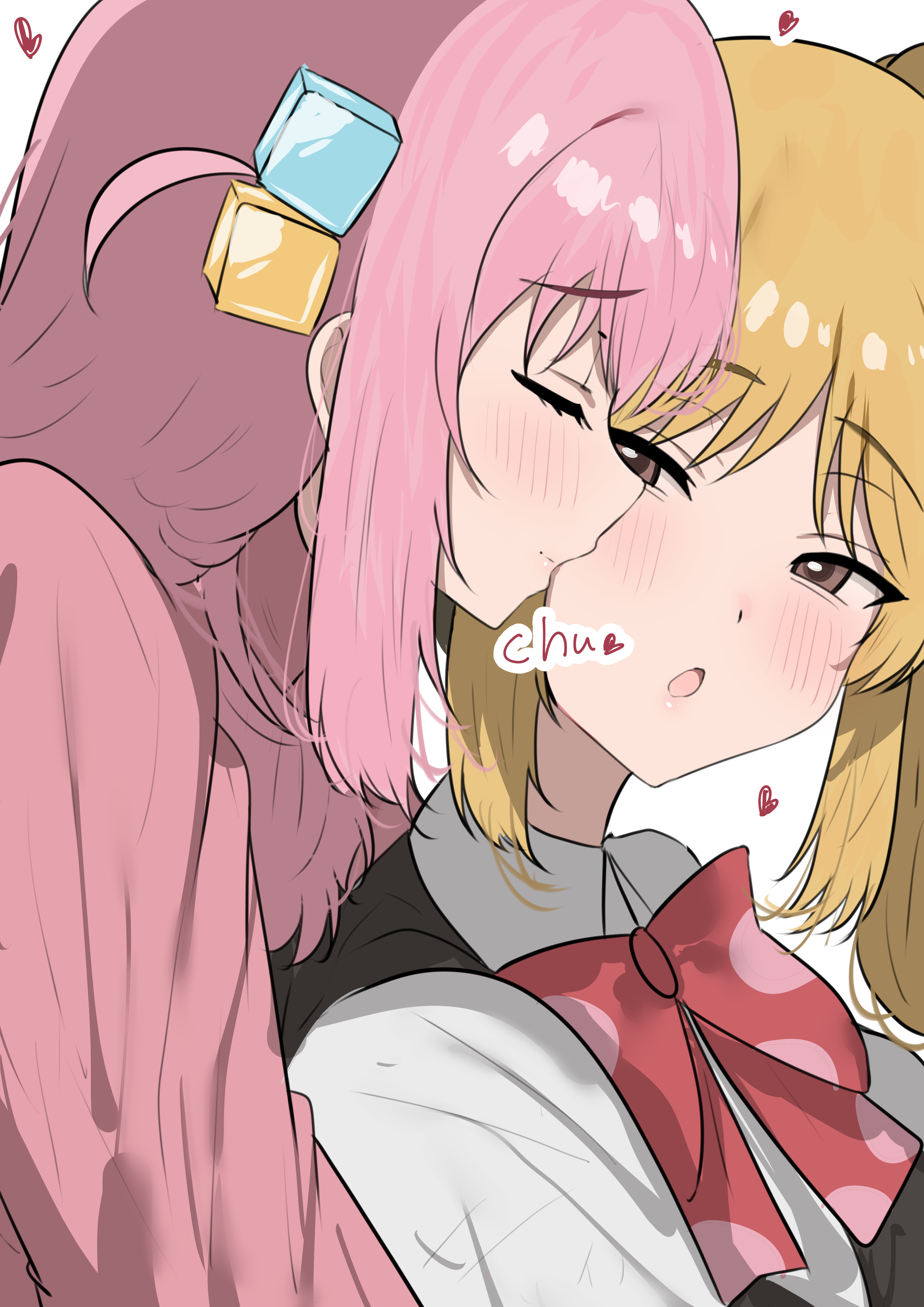 sunya (honorin-yuunibo), gotoh hitori, ijichi nijika, bocchi the rock!, absurdres, commentary, highres, 2girls, blonde hair, blush, bow, bowtie, closed eyes, closed mouth, collared shirt, cube hair ornament, hair ornament, jacket, long hair, multiple girls, parted lips, pink hair, pink jacket, red bow, red bowtie, school uniform, shimokitazawa high school uniform, shirt, side ponytail, simple background, white background, white shirt, yuri