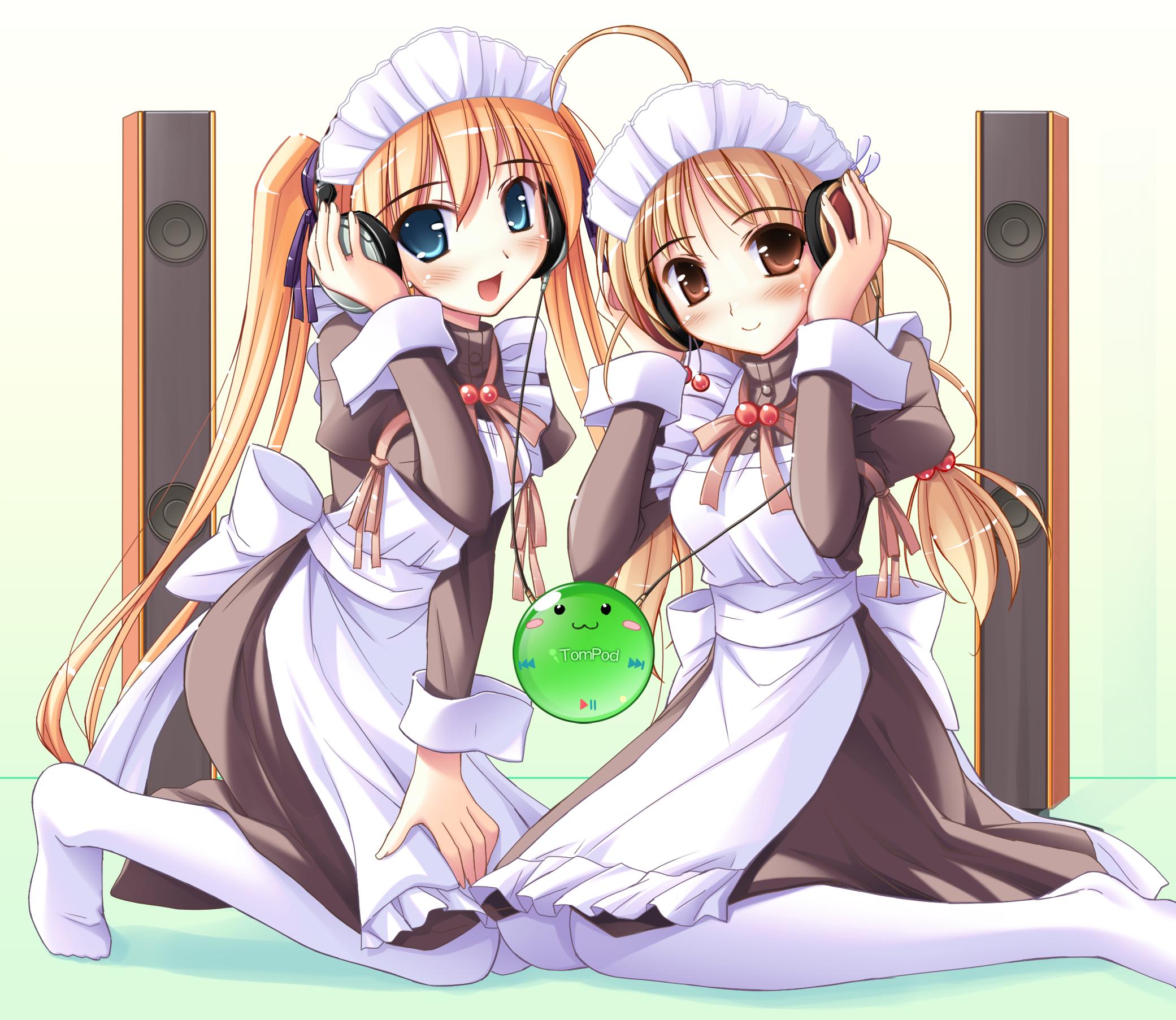 ko~cha, hiiragi anri, happiness!, highres, 00s, 2girls, ahoge, blonde hair, blue eyes, blush, brown eyes, brown hair, headphones, kneeling, long hair, maid, multiple girls, pantyhose, ponytail, smile, twintails, very long hair, white pantyhose