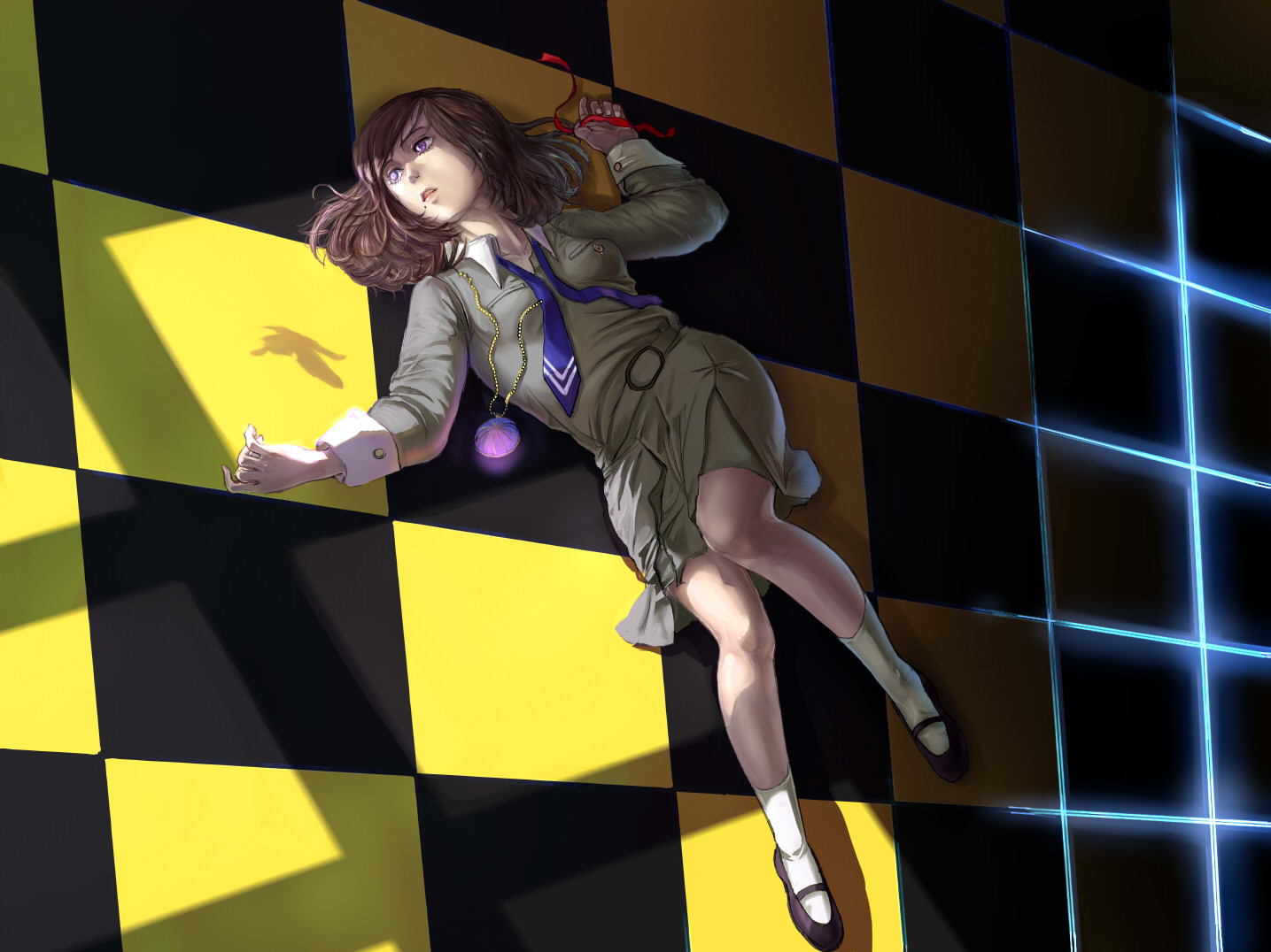 guri otoko, sonomura maki, atlus, persona, persona 1, 1girl, brown hair, bug, butterfly, female focus, glowing, insect, jewelry, legs, lips, mary janes, mole, necklace, necktie, pendant, purple eyes, ribbon, school uniform, serafuku, shoes, socks, solo, undone necktie, undone tie