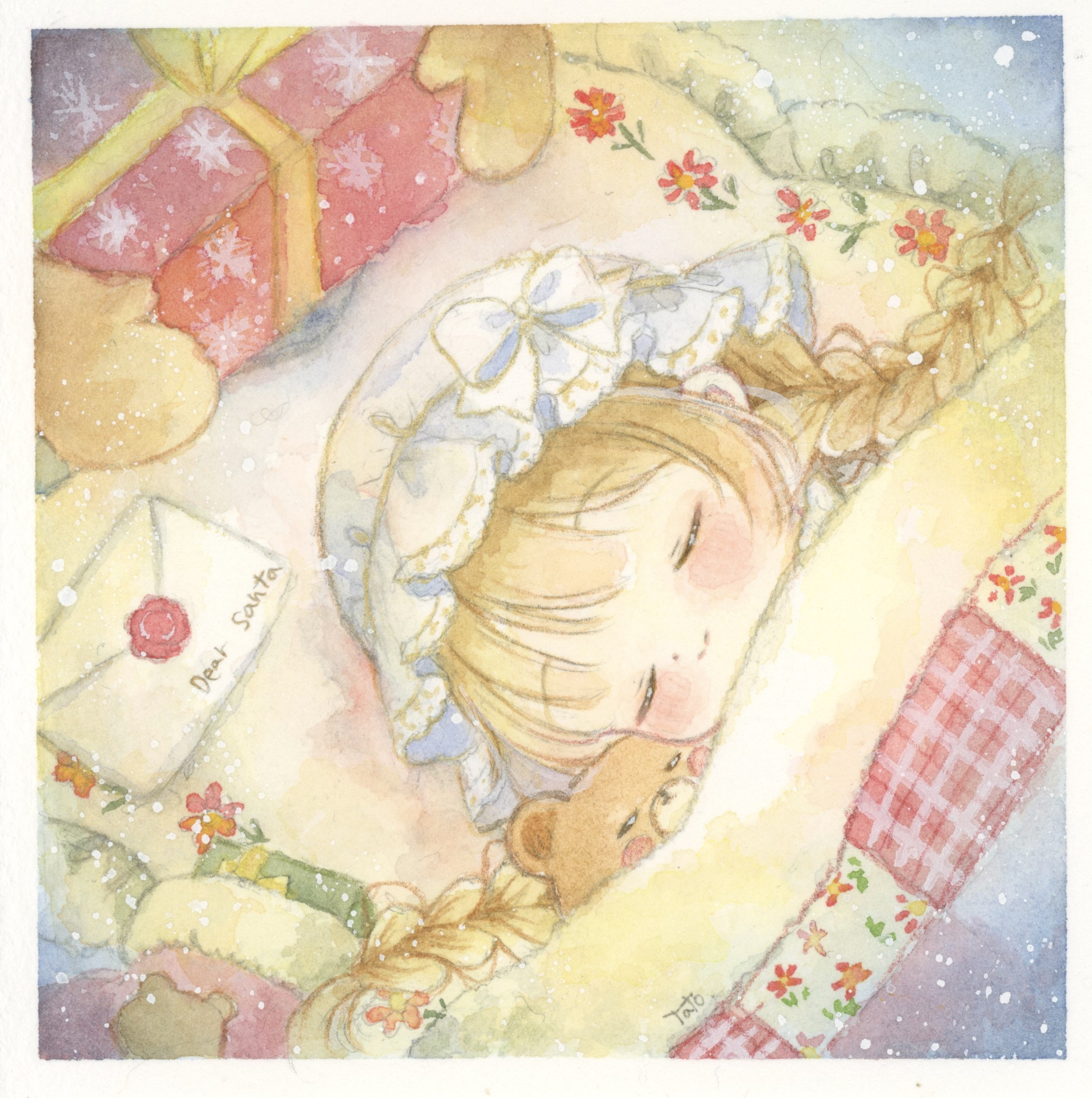 tato (kunikida-3), santa claus, original, highres, painting (medium), traditional media, watercolor (medium), 1girl, bed, blanket, blonde hair, blush, box, braid, christmas present, christmas stocking, cuddling, dreaming, floral embroidery, gift, gift box, hat, holding, holding stuffed toy, hugging object, letter, merry christmas, mittens, nightcap, out of frame, pajamas, pillow, quilt, sleeping, stuffed animal, stuffed toy, teddy bear, under covers