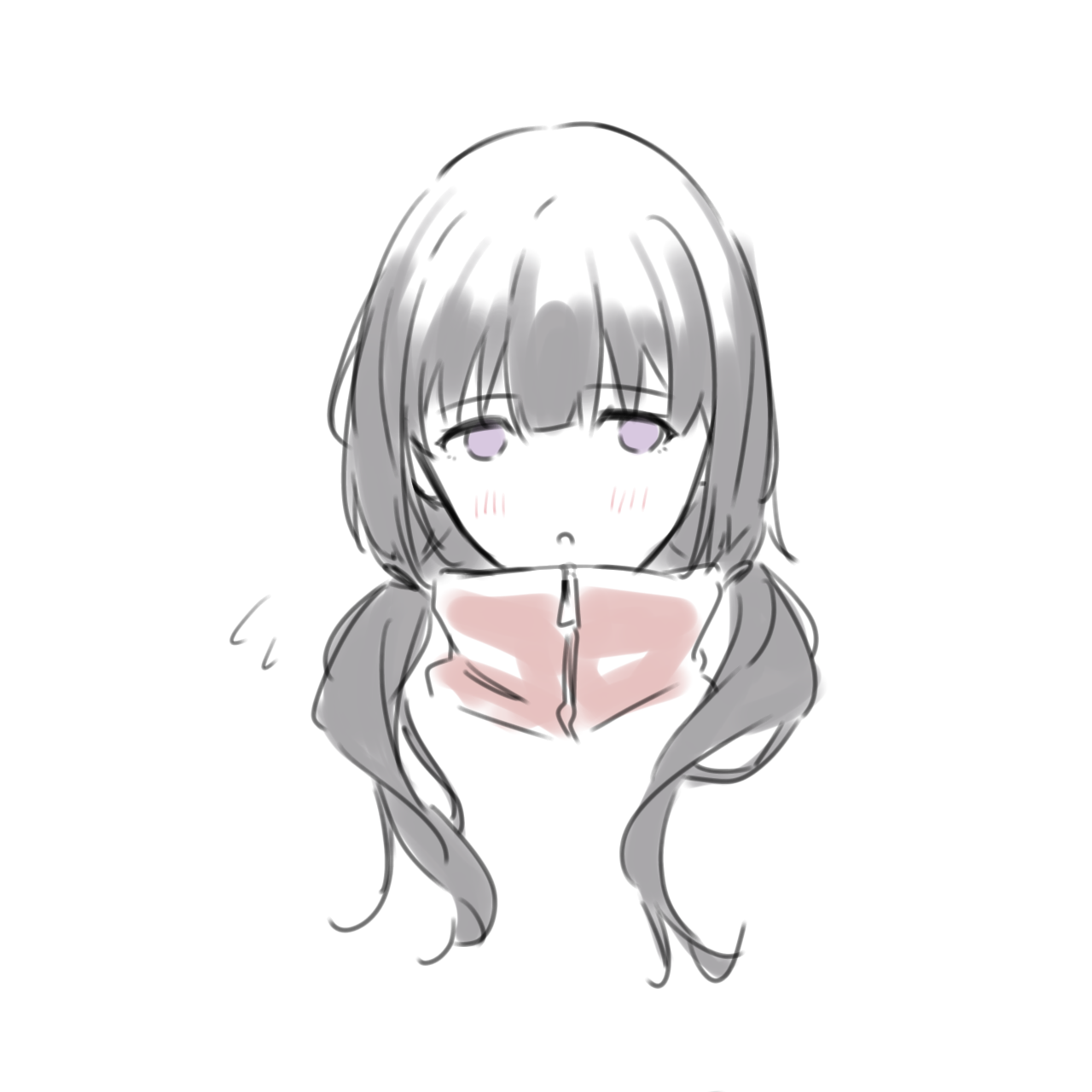 kanade (kanade 3344), shirokane rinko, bang dream!, commentary, highres, 1girl, alternate hairstyle, black hair, long hair, low twintails, purple eyes, simple background, solo, twintails, white background, zipper pull tab