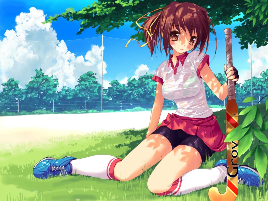 tsurusaki takahiro, kumihama mitsuha, amesarasa, 1girl, bike shorts, blush, bra, brown eyes, brown hair, cloud, day, female focus, fingerless gloves, gloves, grass, gym uniform, hockey, kneehighs, latex, lingerie, ponytail, ribbon, see-through clothes, shoes, sitting, sneakers, socks, solo, spandex, tree shade, underwear, wet, wet clothes