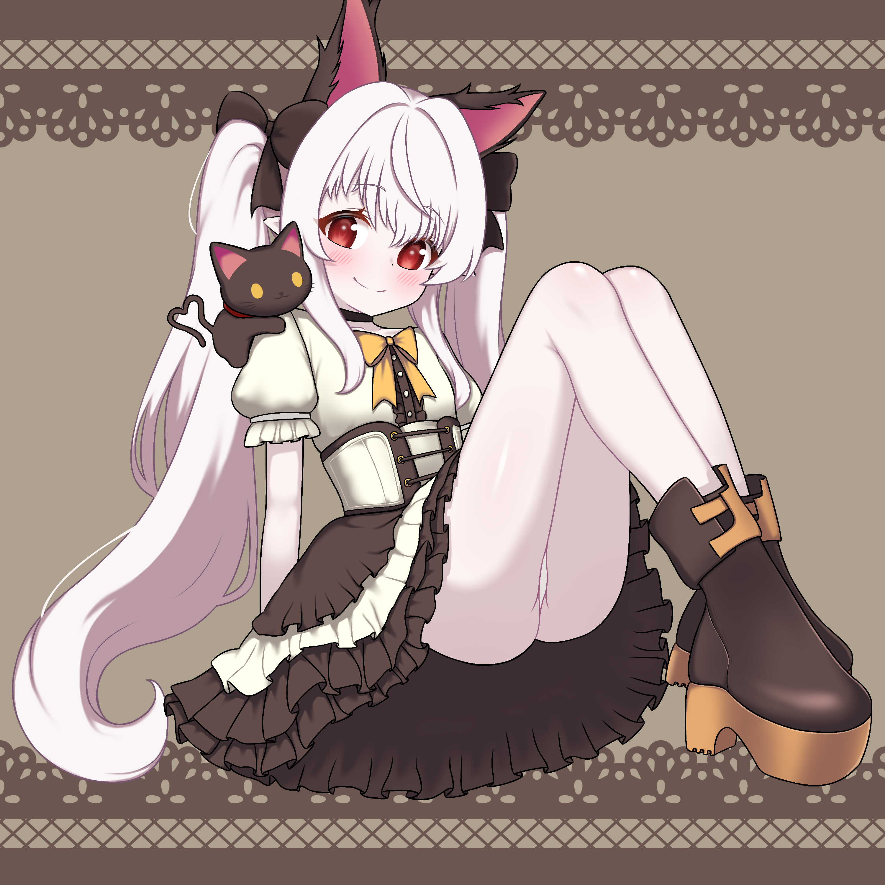 zing (z z zing), original, absurdres, commentary request, highres, korean commentary, 1girl, animal ears, cat ears, cat girl, long hair, pantyhose, red eyes, smile, solo, twintails, white hair