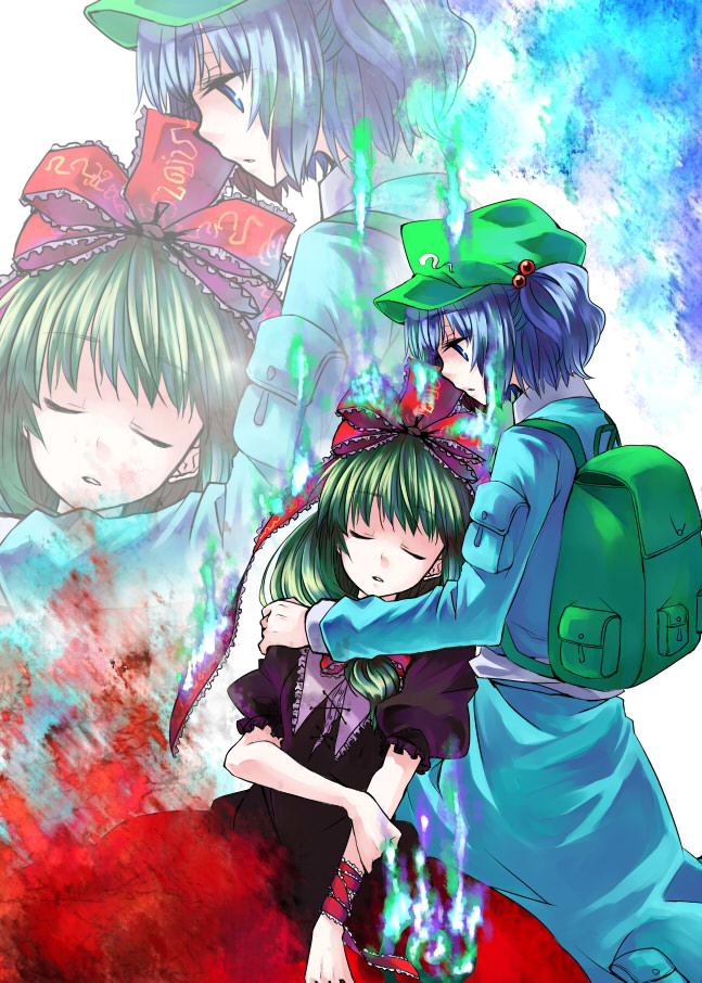 tadano kagekichi, kagiyama hina, kawashiro nitori, touhou, 2girls, backpack, bag, blue hair, bow, female focus, frills, front ponytail, green hair, hair bobbles, hair bow, hair ornament, hat, holding own arm, long hair, multiple girls, open mouth, projected inset, ribbon, short hair, short twintails, sleeping, twintails, two side up