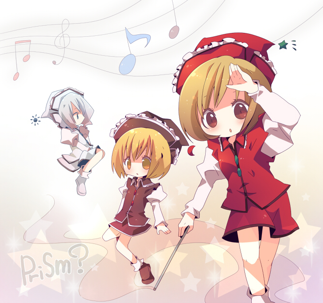 ana (rznuscrf), lunasa prismriver, lyrica prismriver, merlin prismriver, touhou, silver hair, 3girls, :o, beamed quavers, blonde hair, bobby socks, brown eyes, brown hair, chibi, colored eyelashes, conductor baton, covering own eyes, eyelashes, female focus, hat, multiple girls, musical note, no nose, quaver, short hair, siblings, sisters, socks, treble clef, yellow eyes