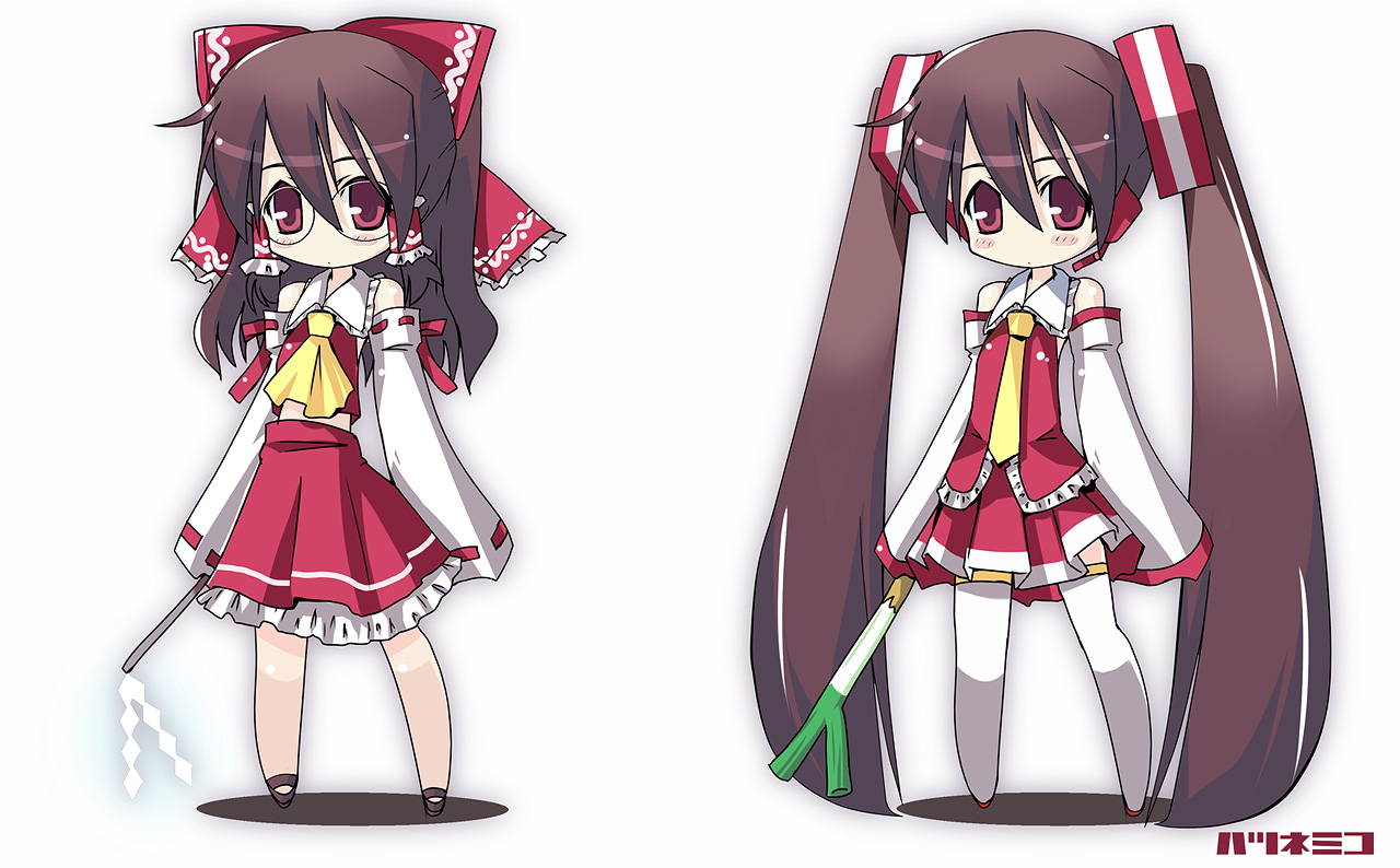 miichi (mimimi), mimimi, hakurei reimu, hatsune miku, touhou, vocaloid, 2girls, bespectacled, blush, cosplay, detached sleeves, dual persona, female focus, glasses, hatsune miku (cosplay), japanese clothes, long hair, miko, multiple girls, ribbon, skirt, spring onion, thighhighs, twintails